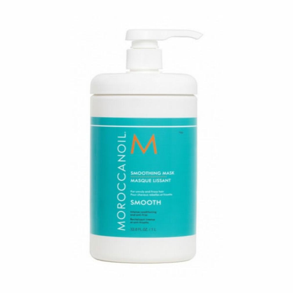 Weißer Behälter mit blauem Etikett. Aufschrift: Moroccanoil, Smoothing Mask, M. Mit Pumpe.
