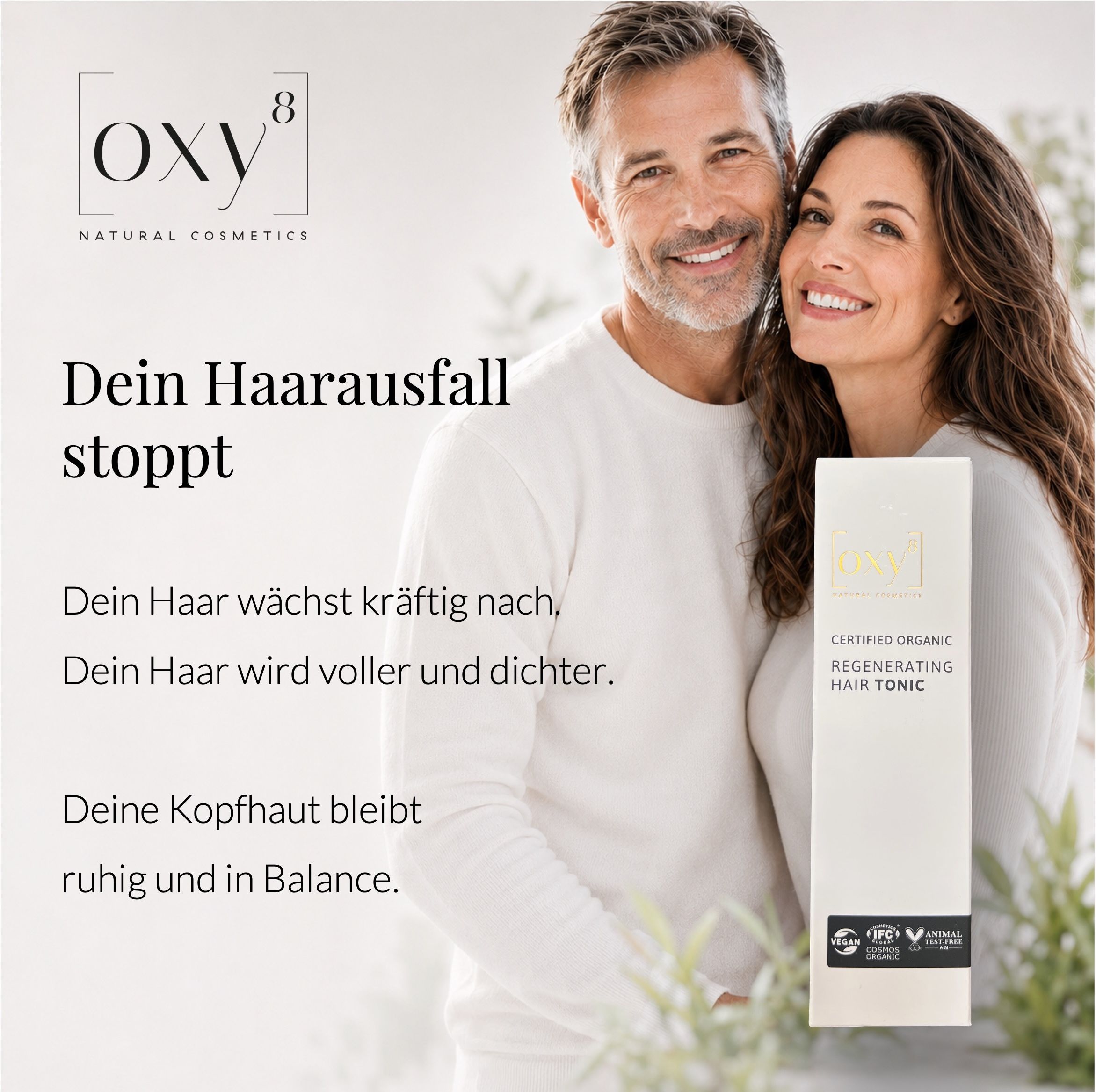 Paar lächelt. Text: Dein Haarausfall stoppt. Produktverpackung sichtbar.