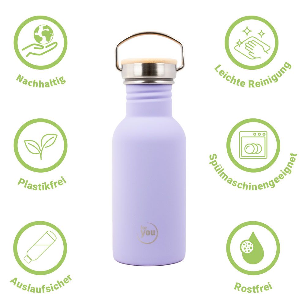 Lila Trinkflasche mit Icons: Nachhaltig, plastikfrei, auslaufsicher, leichte Reinigung, spülmaschinenfest, rostfrei.