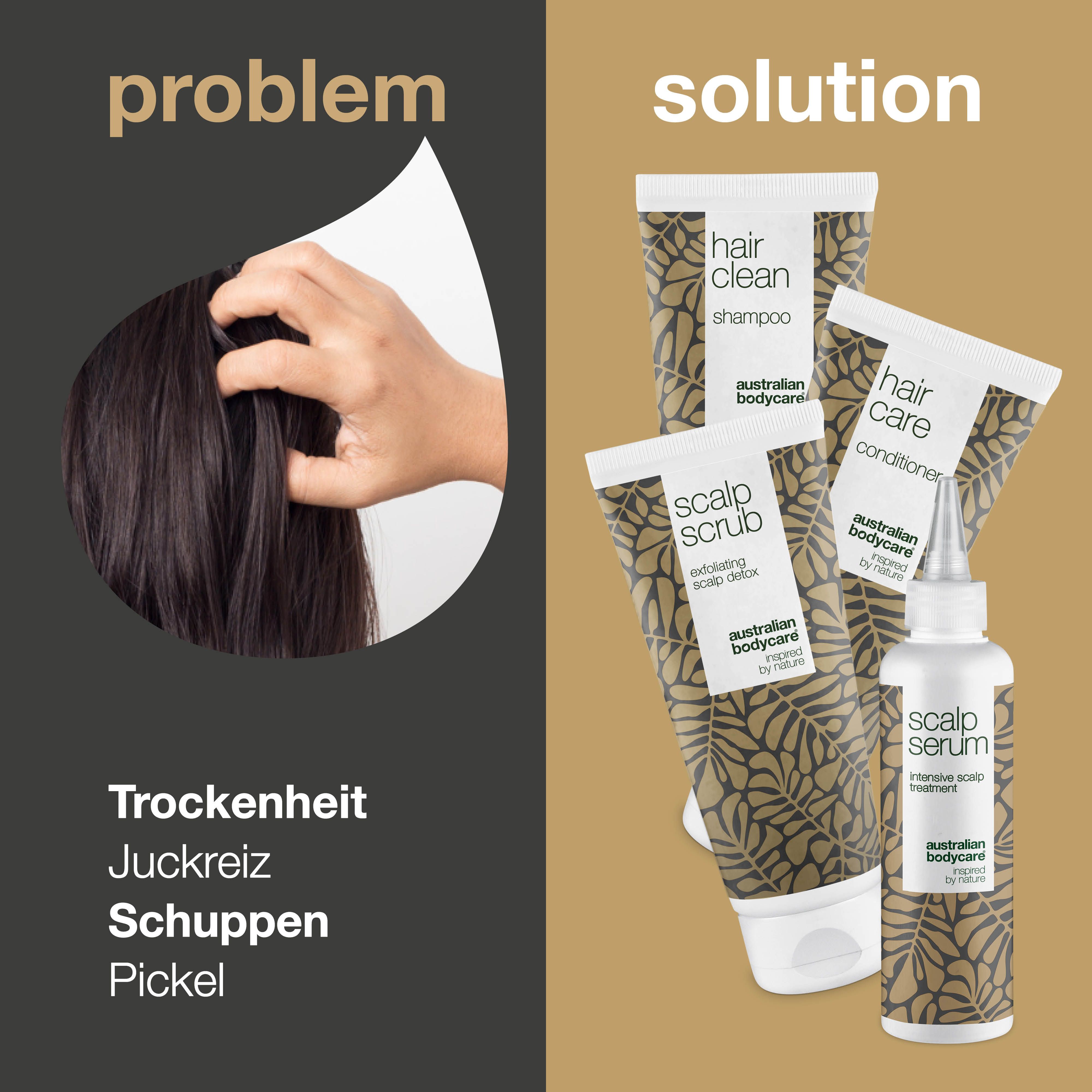 Problem-Lösung-Darstellung. Links: Hand am Kopf. Rechts: Produkte: Shampoo, Peeling, Conditioner, Serum.