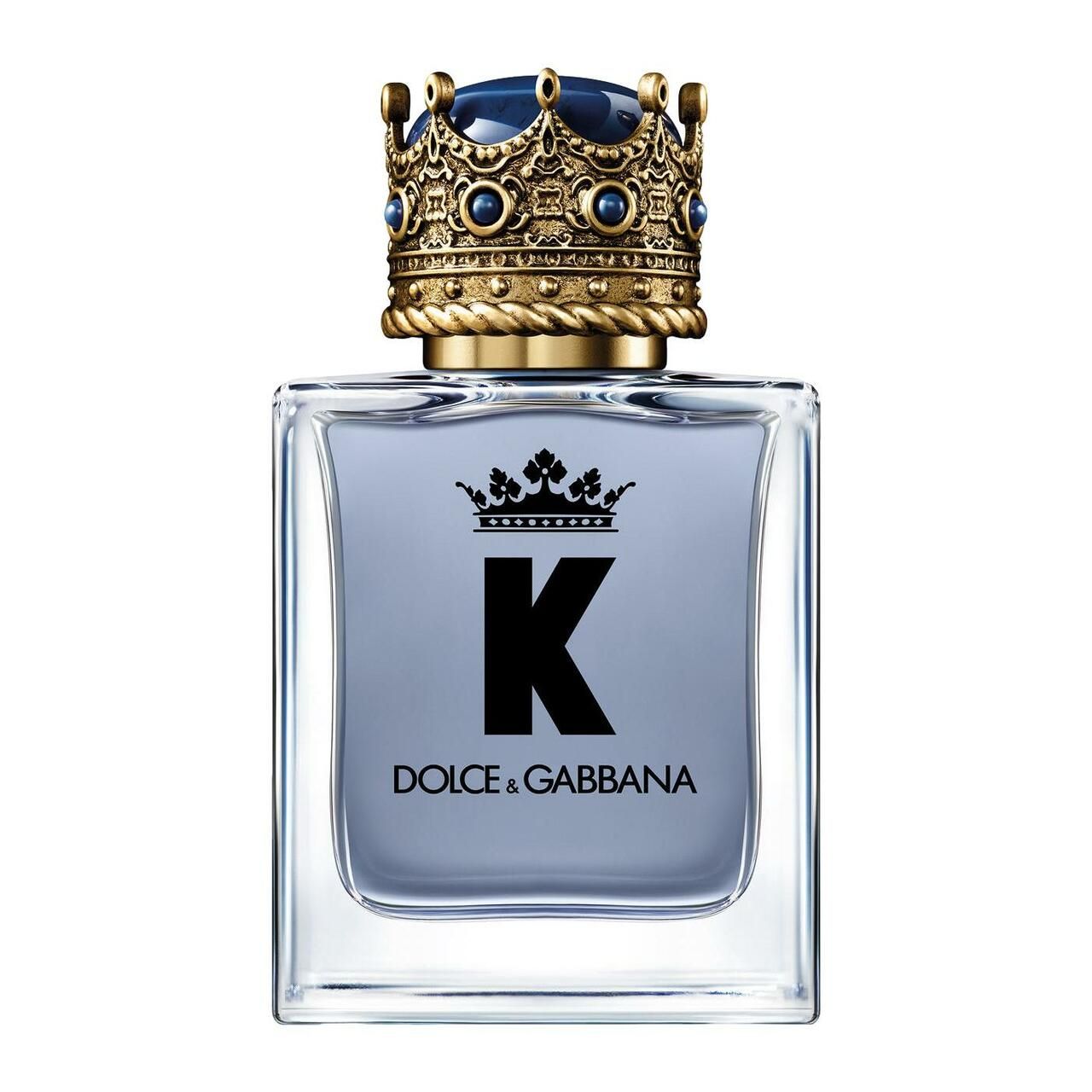 K by Dolce & Gabbana Flakon. Quadratischer Flakon mit Kronenkappe, blaue Flüssigkeit, schwarzes K-Logo.