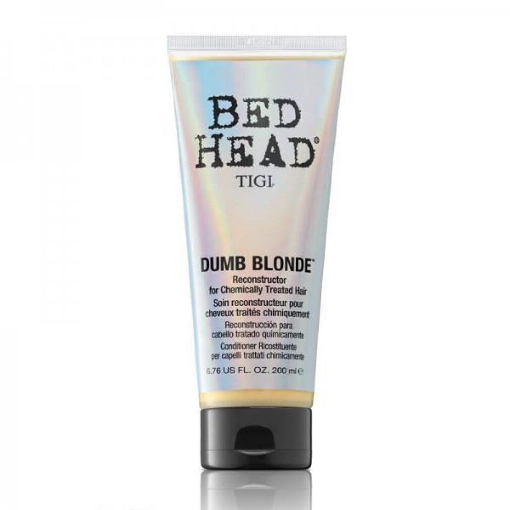 Tigi Bed Head Dumb Blonde Haarspülung. Tube mit schwarzem Verschluss. Text: Dumb Blonde, Reconstructor for Chemically Treated Hair. 200 ml.