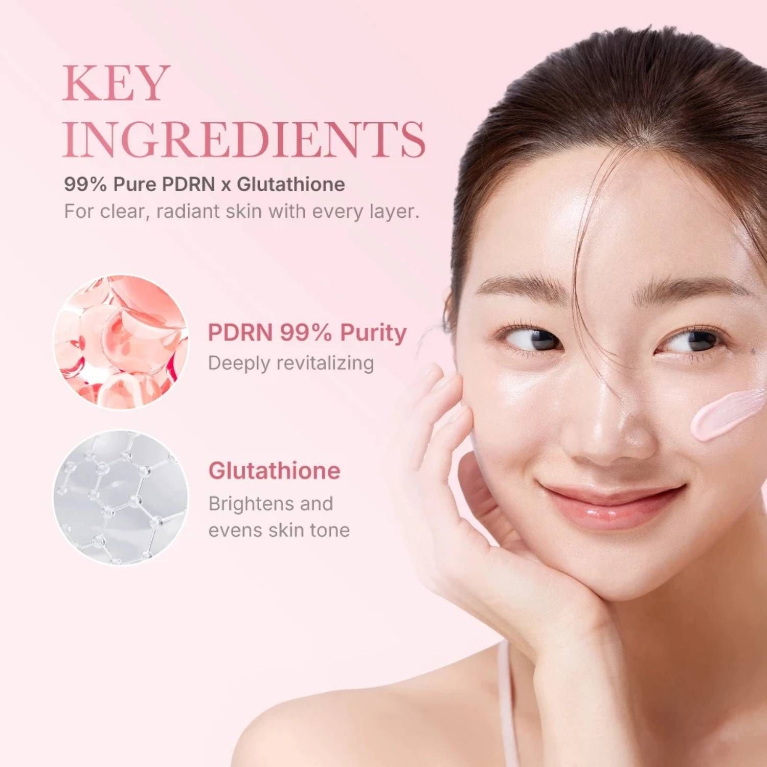 Frau mit Hautpflege. Text: Key Ingredients, PDRN, Glutathion. Rosa und graue Elemente.
