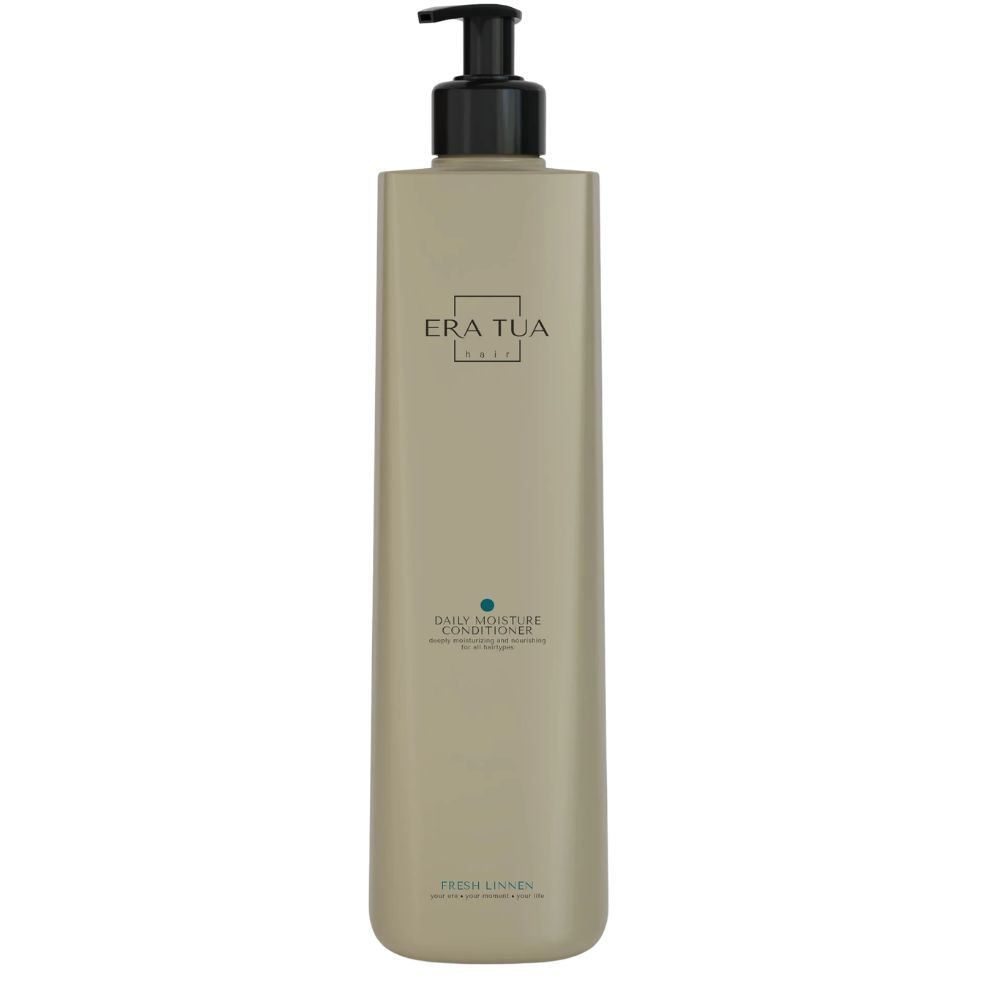 Beige Flasche mit schwarzem Pumpkopf. Aufschrift: EraTua, Daily Moisture Conditioner, Fresh Linen.