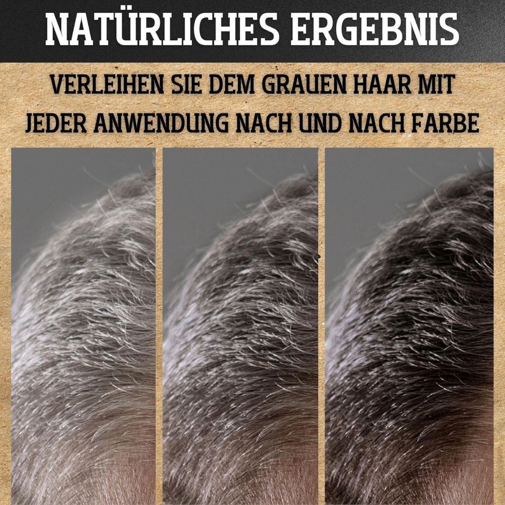 Nahaufnahme von grauem Haar, das sich allmählich verdunkelt. Text: Natürliches Ergebnis. Verleihen Sie dem grauen Haar nach und nach Farbe.