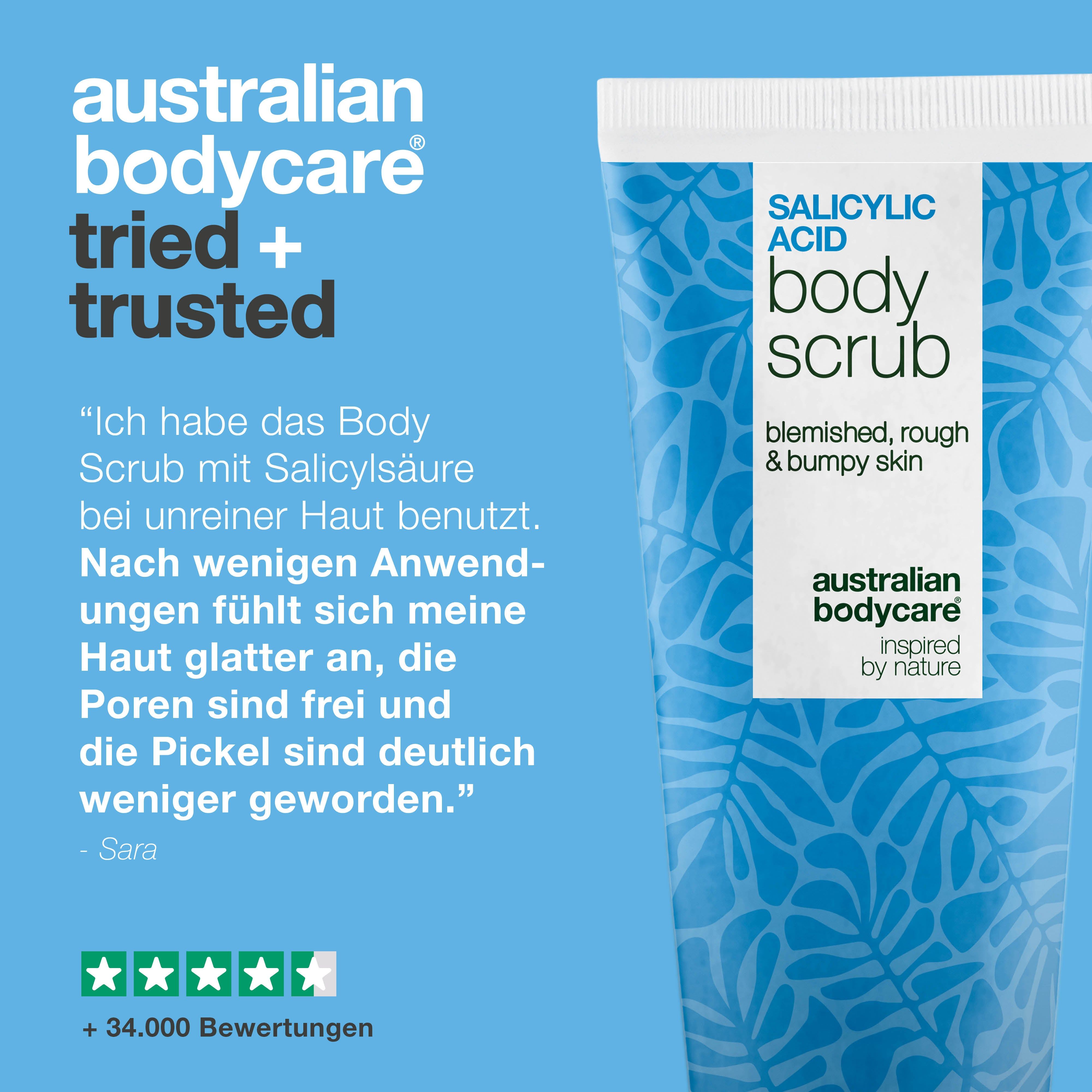 Body Scrub Tube. Text: Australian Bodycare, bewährt und vertraut. Zitat. 5 Sterne Bewertung. +34.000 Bewertungen.