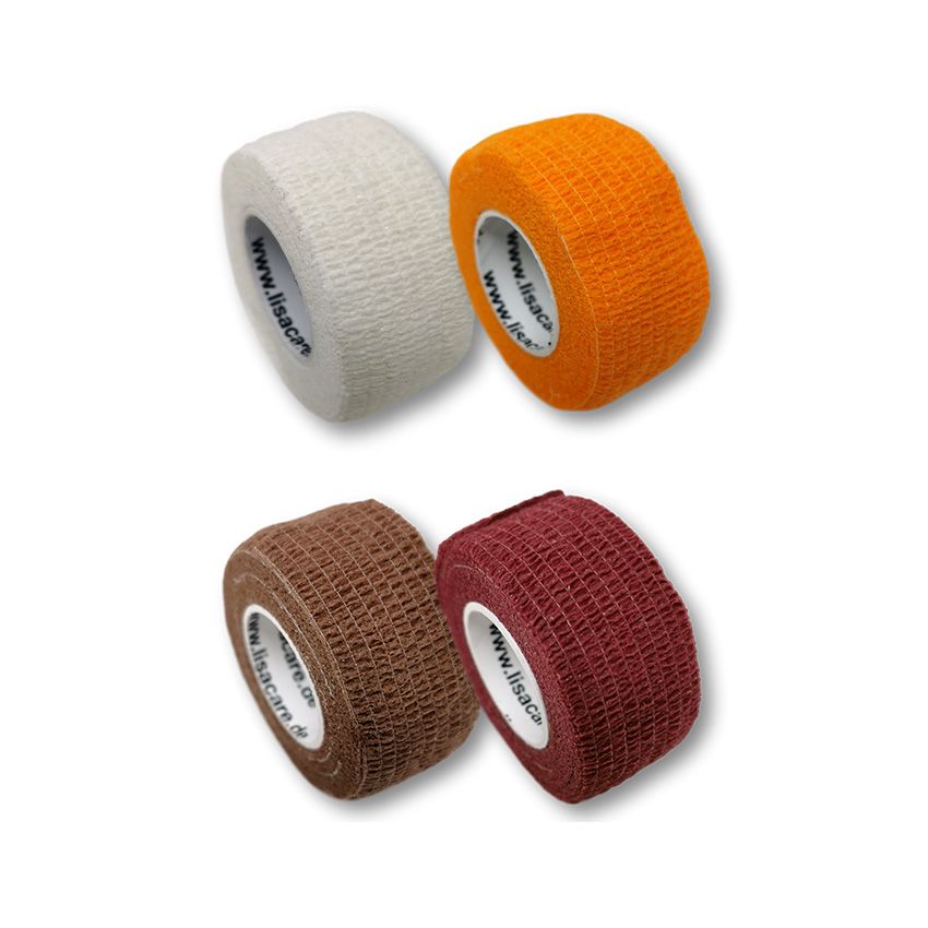 Nahaufnahme von vier Rollen LisaCare Fingerpflaster. Verschiedene Farben: Weiß, Orange, Braun, Weinrot. Text: www.lisacare.de.
