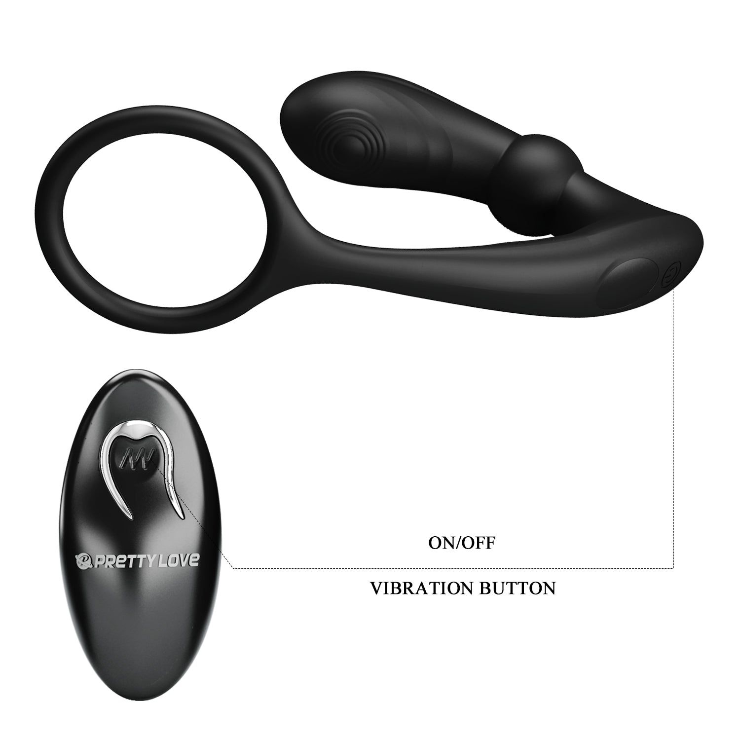 Schwarzer Analring-Vibrator mit Fernbedienung, Beschriftung: ON/OFF, VIBRATION BUTTON.