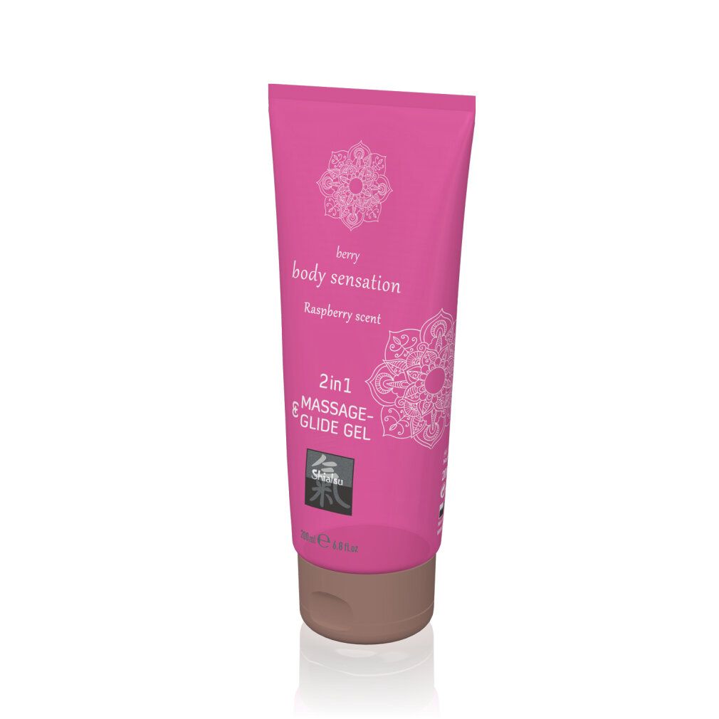 Rosa Tube mit Massage- & Gleitgel. Aufschrift: berry body sensation, Himbeerduft. 2in1 Massage- & Gleitgel.