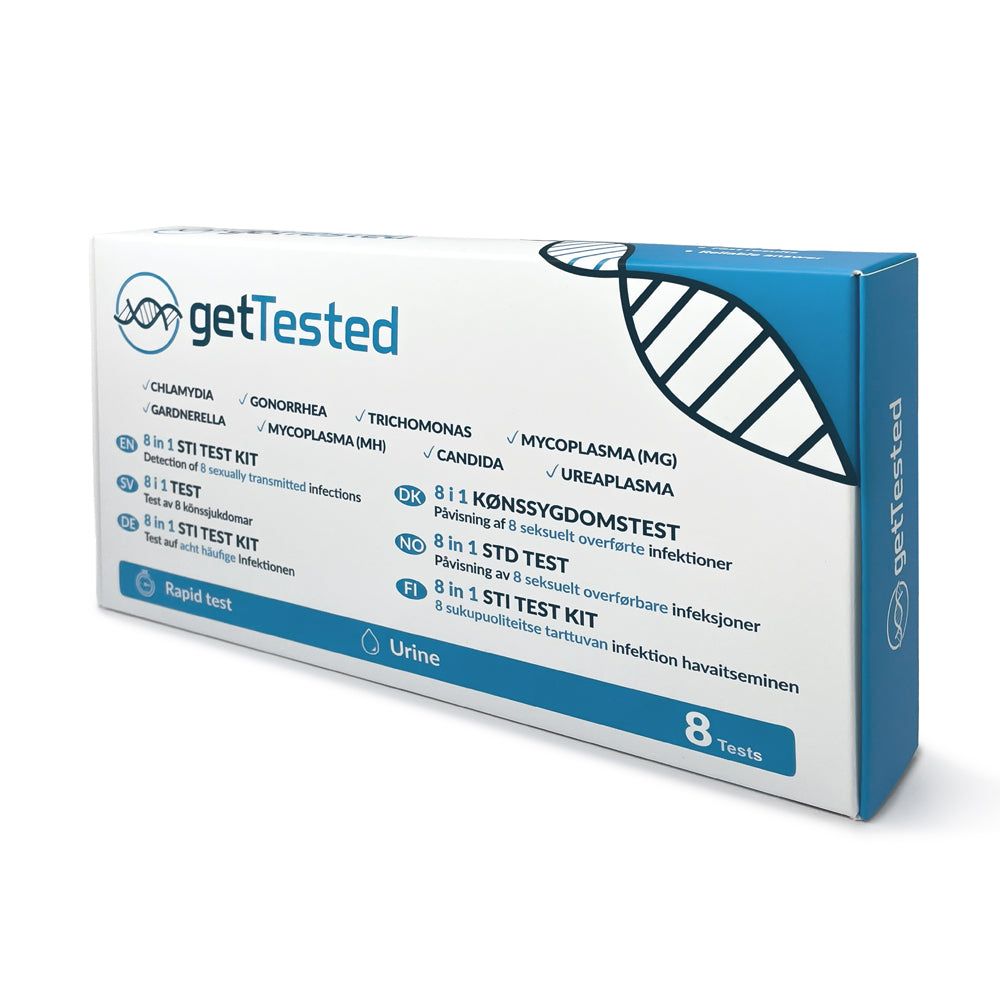 Verpackung eines 8-in-1-STI-Testkits. Enthält Informationen zu verschiedenen sexuell übertragbaren Infektionen. Enthält 8 Tests.