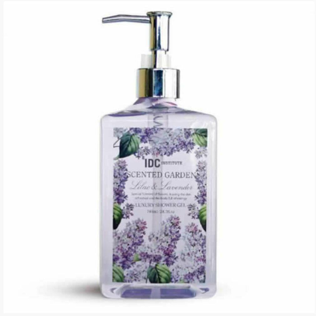 Transparente Flasche mit silbernem Spender. Aufschrift: IDC Institute Scented Garden Lila & Lavanda Luxury Shower Gel.