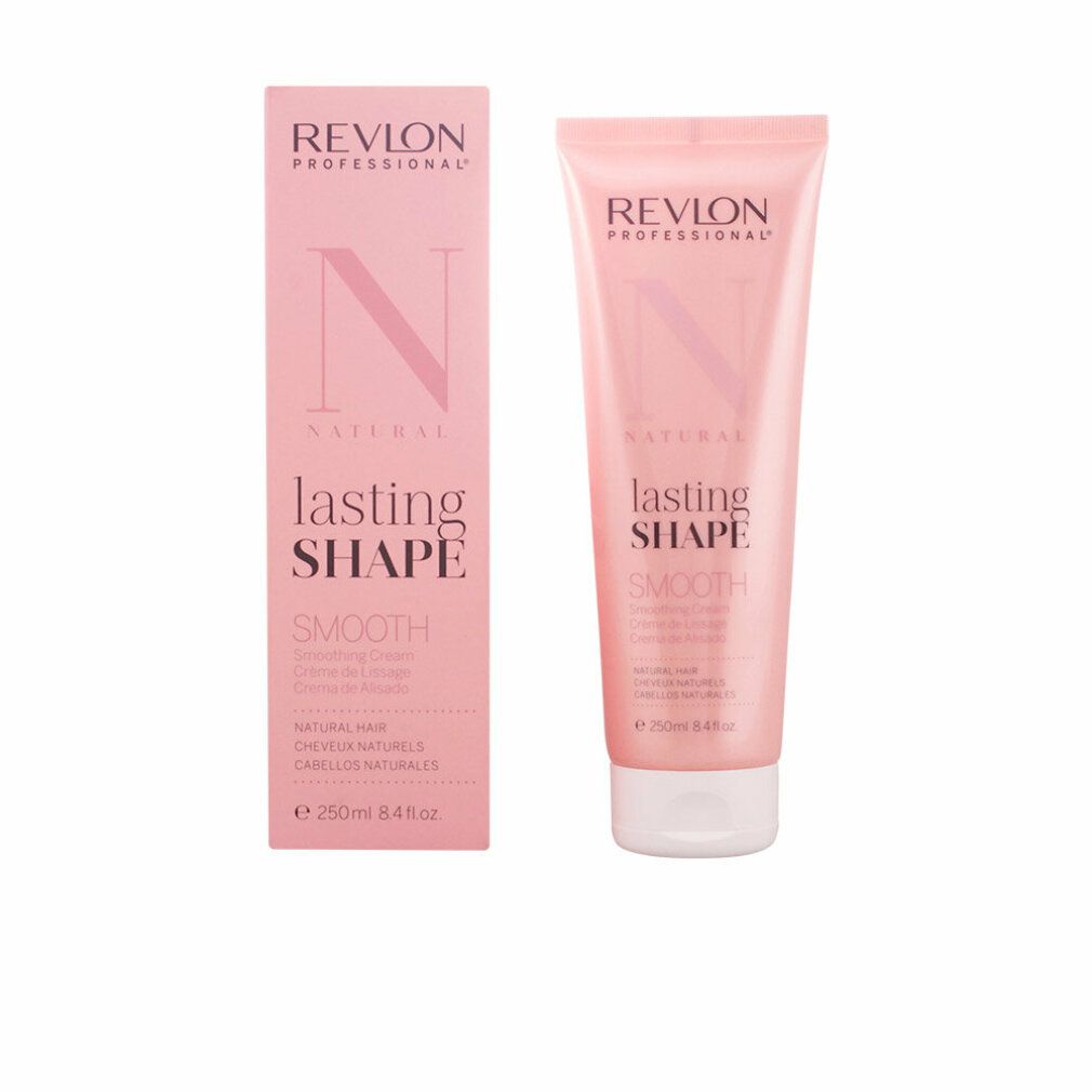 Revlon Lasting Shape Smooth Haarcreme, Tube und Verpackung. Rosa, mit weißem Deckel. Text: Revlon, Natural, Smooth, 250ml.