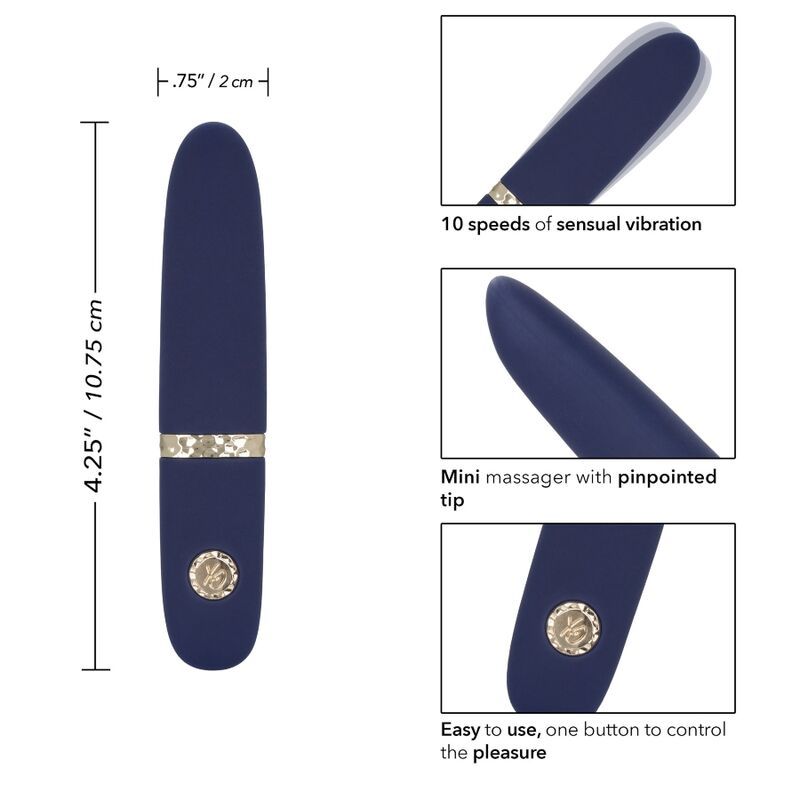 Abmessungen: 10.75 cm Länge, 2 cm Breite. 10 Vibrationsstufen, Mini-Massagegerät mit spitz zulaufender Spitze.
