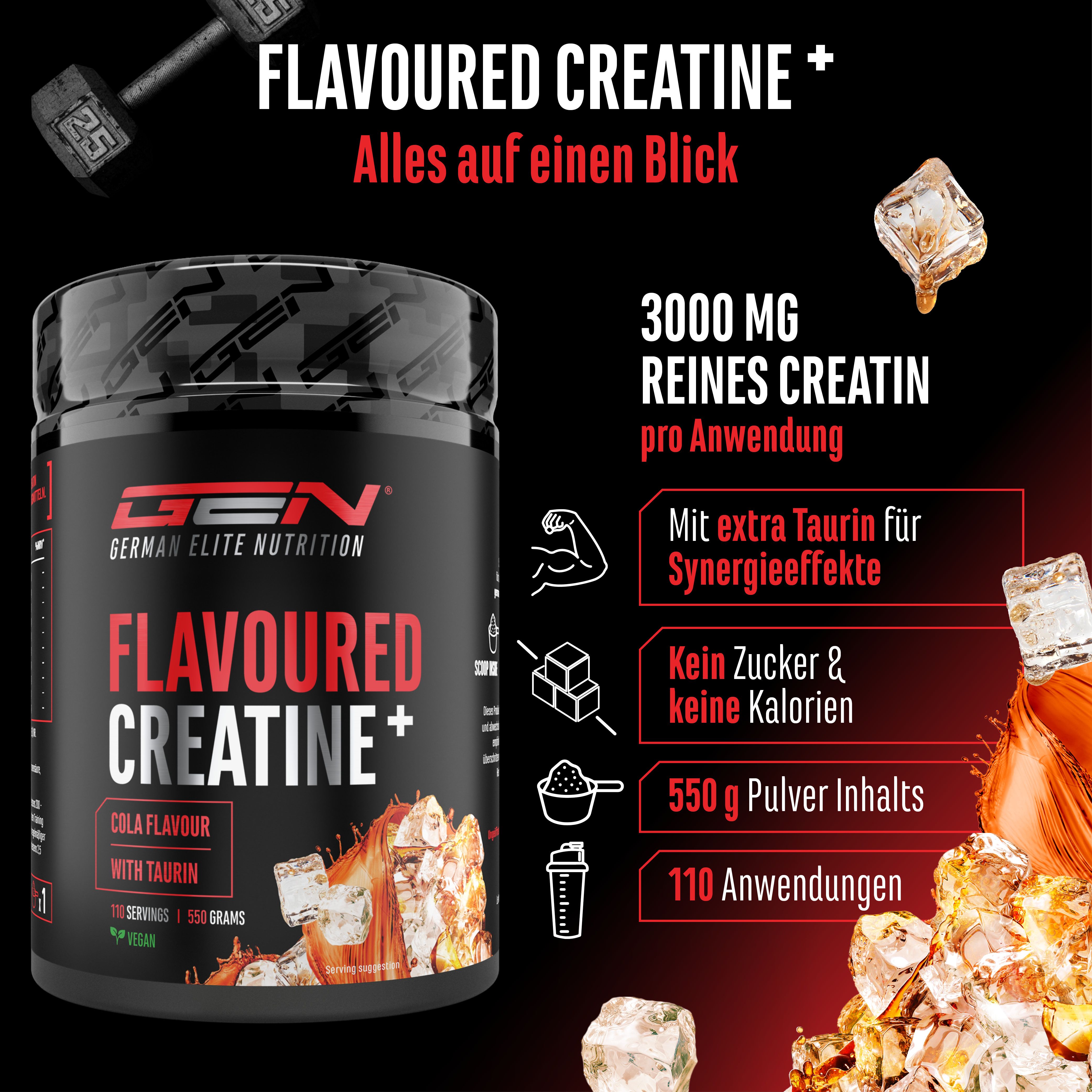 Dose "Flavoured Creatine+" mit Zusatzinformationen. 3000mg reines Creatin pro Anwendung. 550g Pulver Inhalt. 110 Anwendungen.