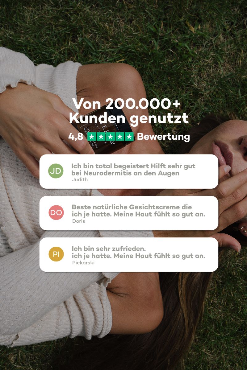 Frau liegt auf Gras. Text: Von 200.000+ Kunden bewertet. Zitate: Hilft bei Neurodermitis, beste Gesichtscreme, sehr zufrieden.