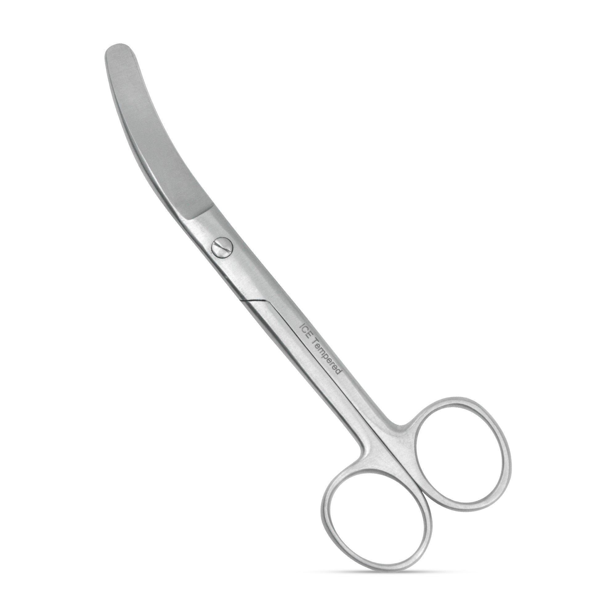 Gebogene chirurgische Schere aus Metall. Mit zwei Griffringen und einer gebogenen Schneide. Aufschrift: ICE Tempered.