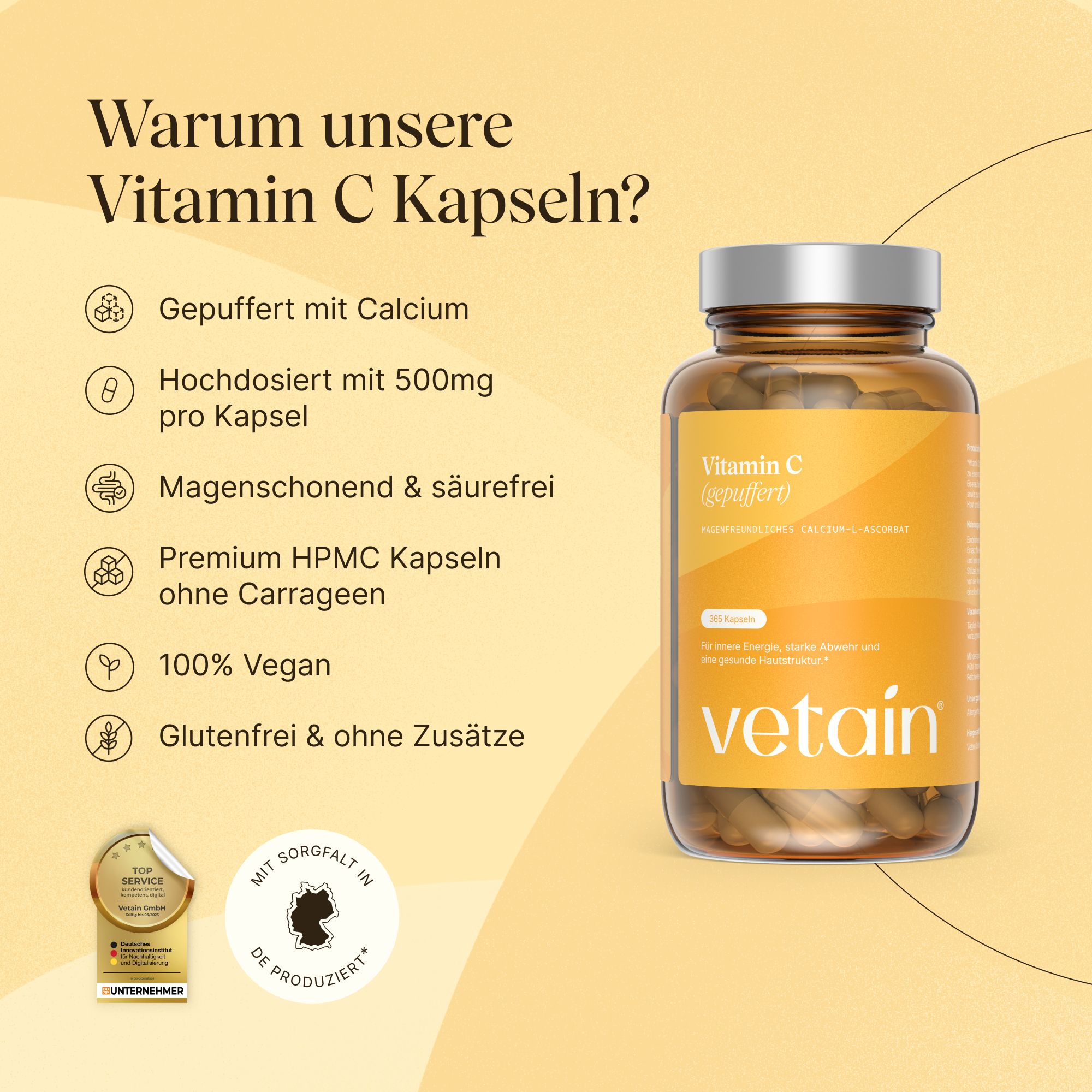 Flasche mit Vetain Vitamin C Kapseln, 500mg pro Kapsel, gepuffert mit Calcium, vegan, glutenfrei.