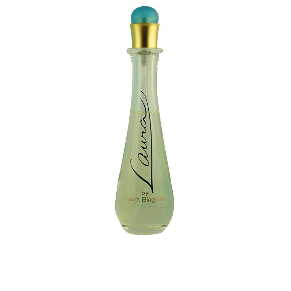Parfümflasche mit blauem Verschluss und goldfarbenem Ring. Schriftzug 'Laura'. Aufschrift 'by Laura Biagiotti'.