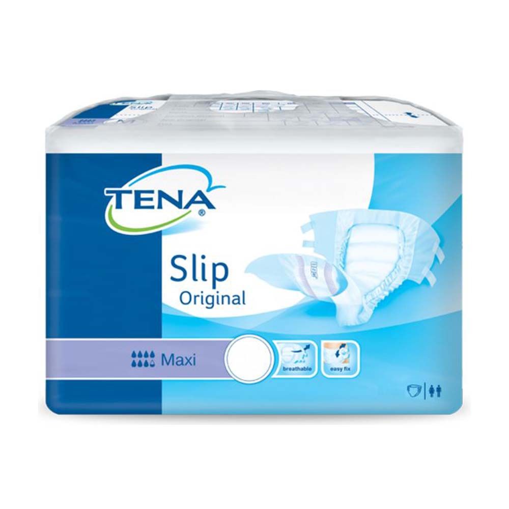 TENA Slip Original Maxi. Verpackung mit blauer und weißer Farbgebung. Produktabbildung. Text: TENA, Slip, Maxi.