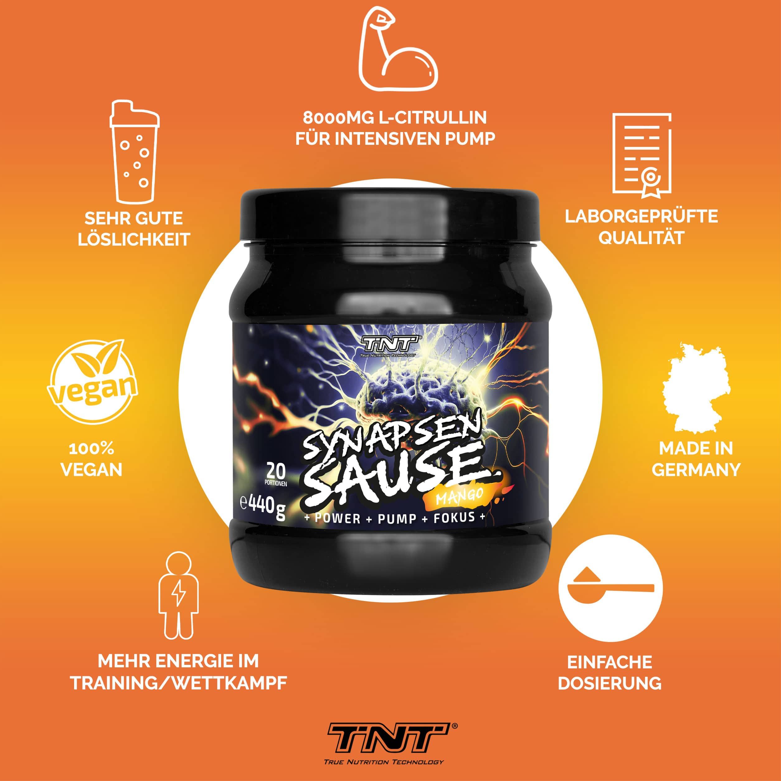 Produktglas mit Logos und Text. Enthält: 8000mg L-Citrullin, vegan, laborgeprüfte Qualität, Made in Germany. Logo: TNT.