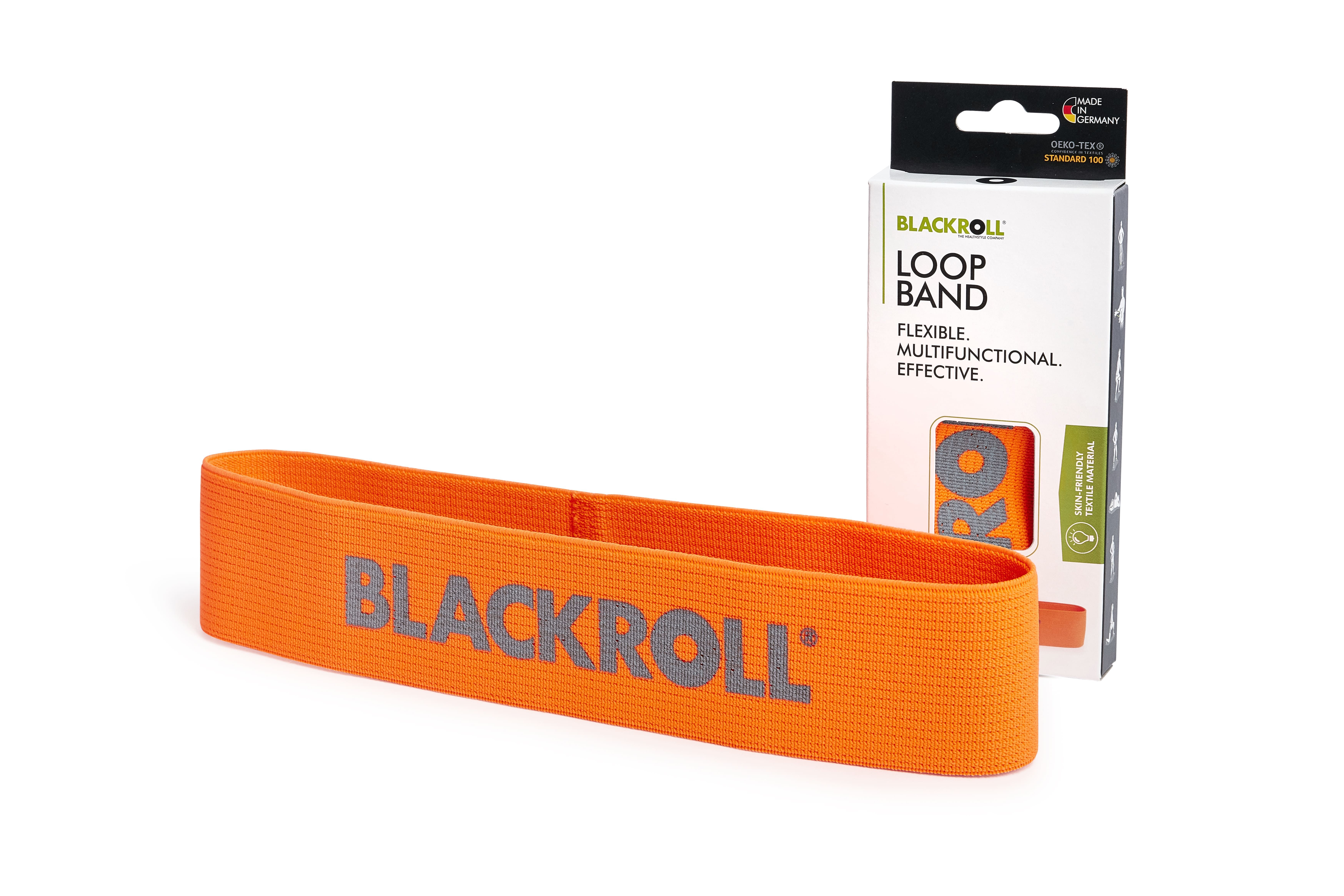 Orangenes BLACKROLL Loop Band und Verpackung. Grauer Schriftzug. Rechteckige Form.