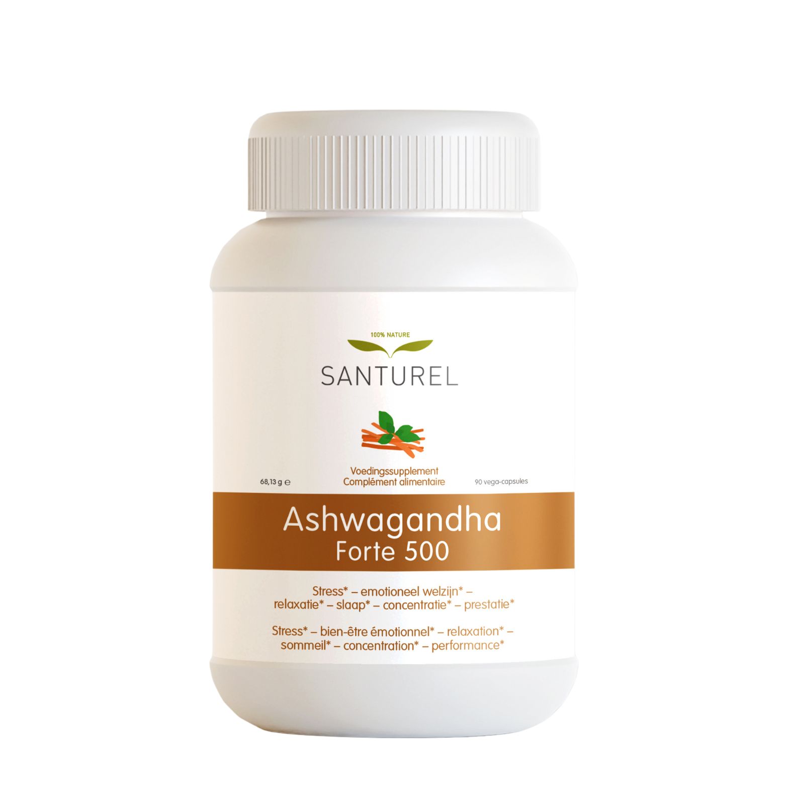 Weiße Flasche mit Santurel Ashwagandha Forte 500 Kapseln. Brauner Streifen mit Produktnamen und Inhaltsangaben. 90 Kapseln.