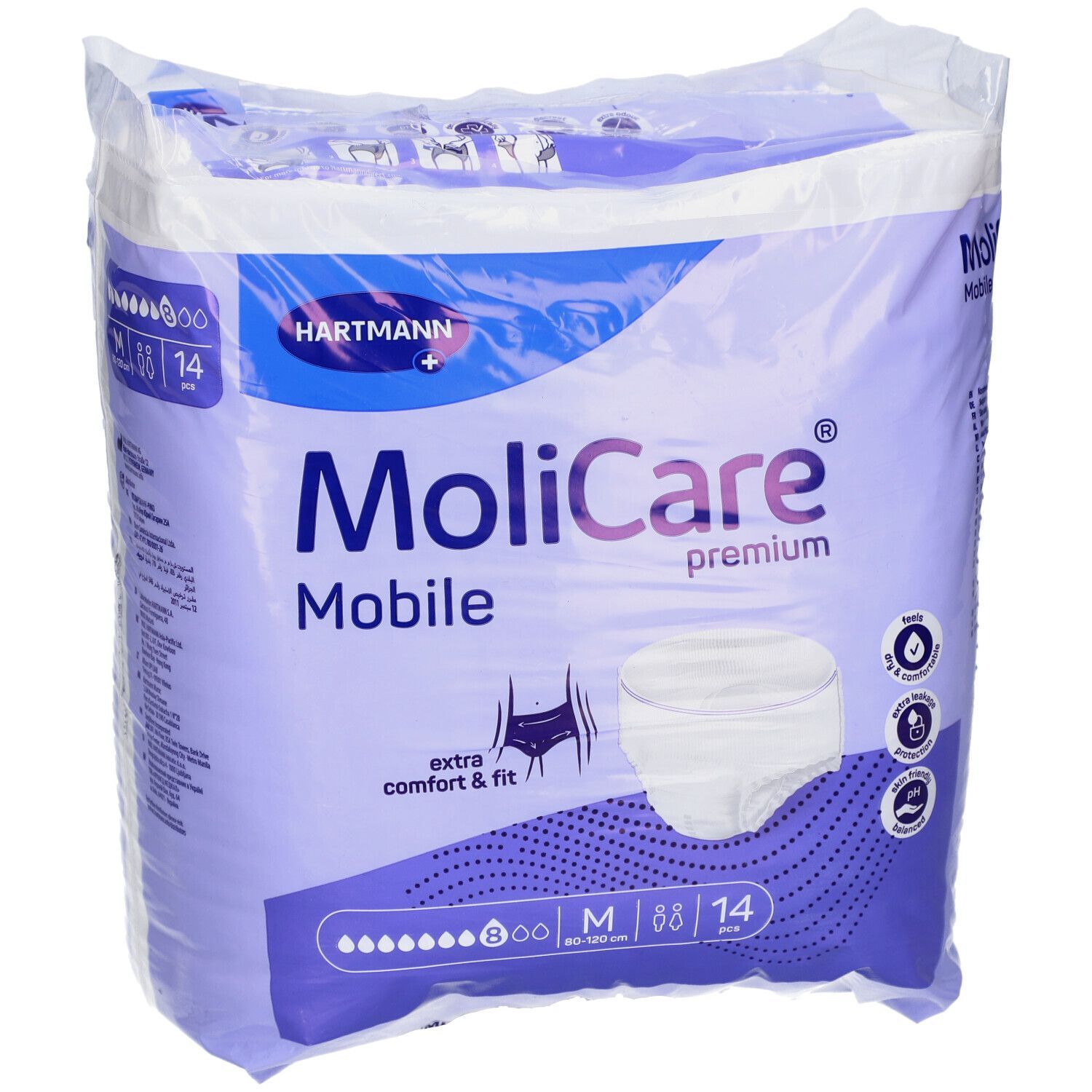 Verpackung MoliCare® premium Mobile Pants M. Enthält 14 Stück. Größe M, 80-120 cm. Marke Hartmann.