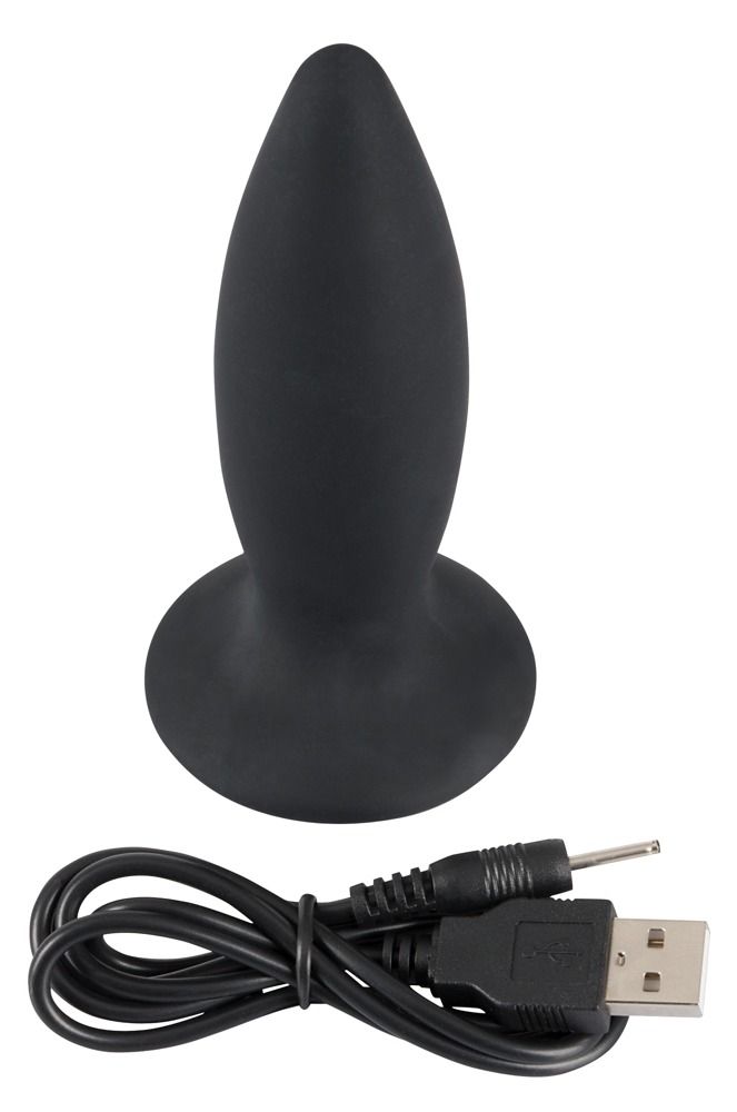 Schwarzer Anal-Plug mit USB-Kabel. Konische Form, breite Basis.