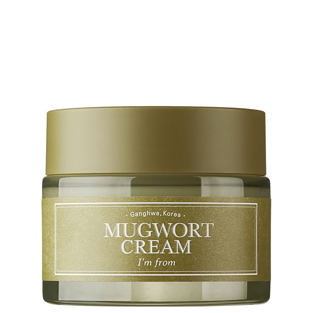 Glasbehälter mit Creme und Deckel. Aufschrift: Mugwort Cream. Grüner Deckel und Etikett.