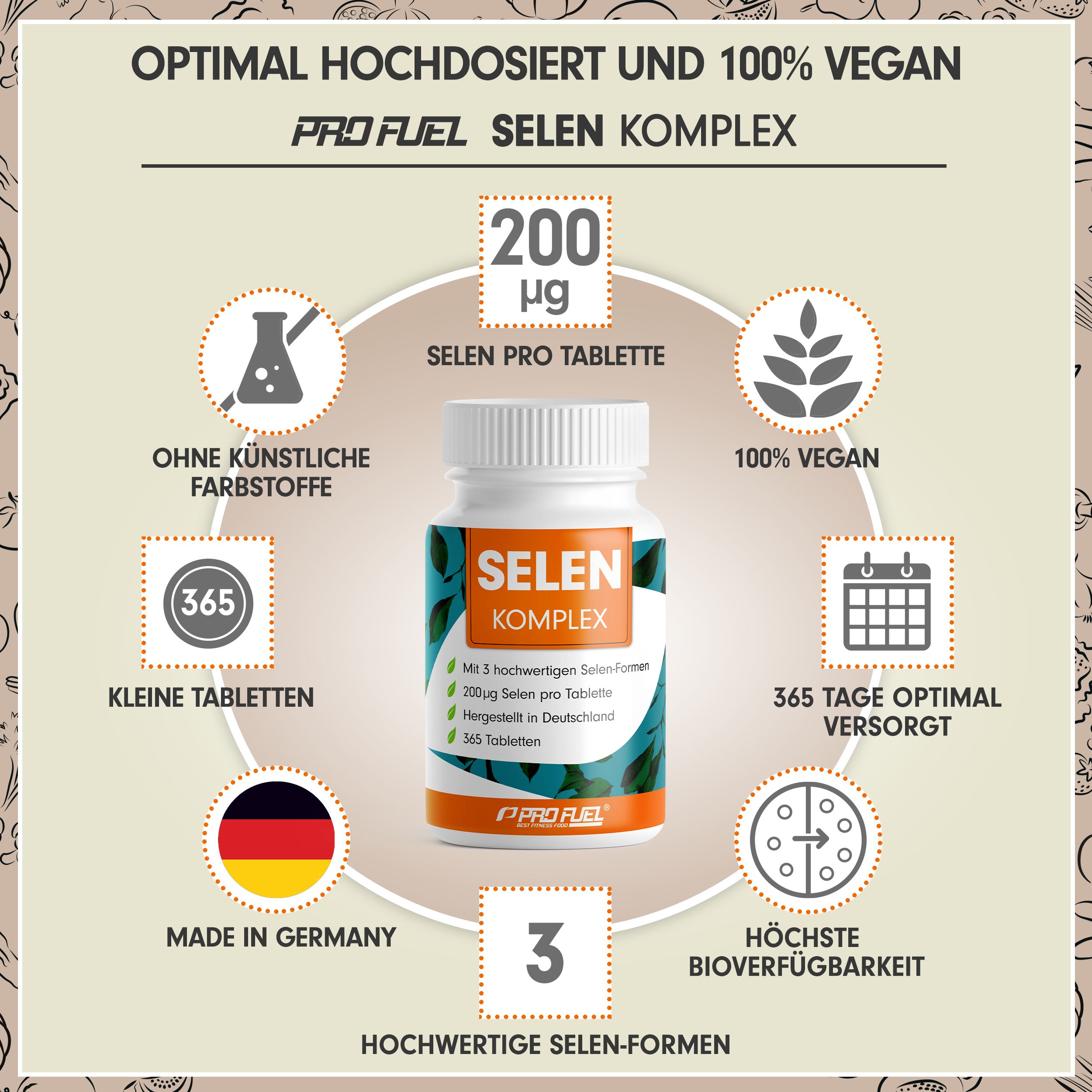 Weiße Flasche mit Selen Komplex Tabletten. Aufschrift: 200µg Selen pro Tablette, 365 Tabletten. Vegan, ohne künstliche Farbstoffe.