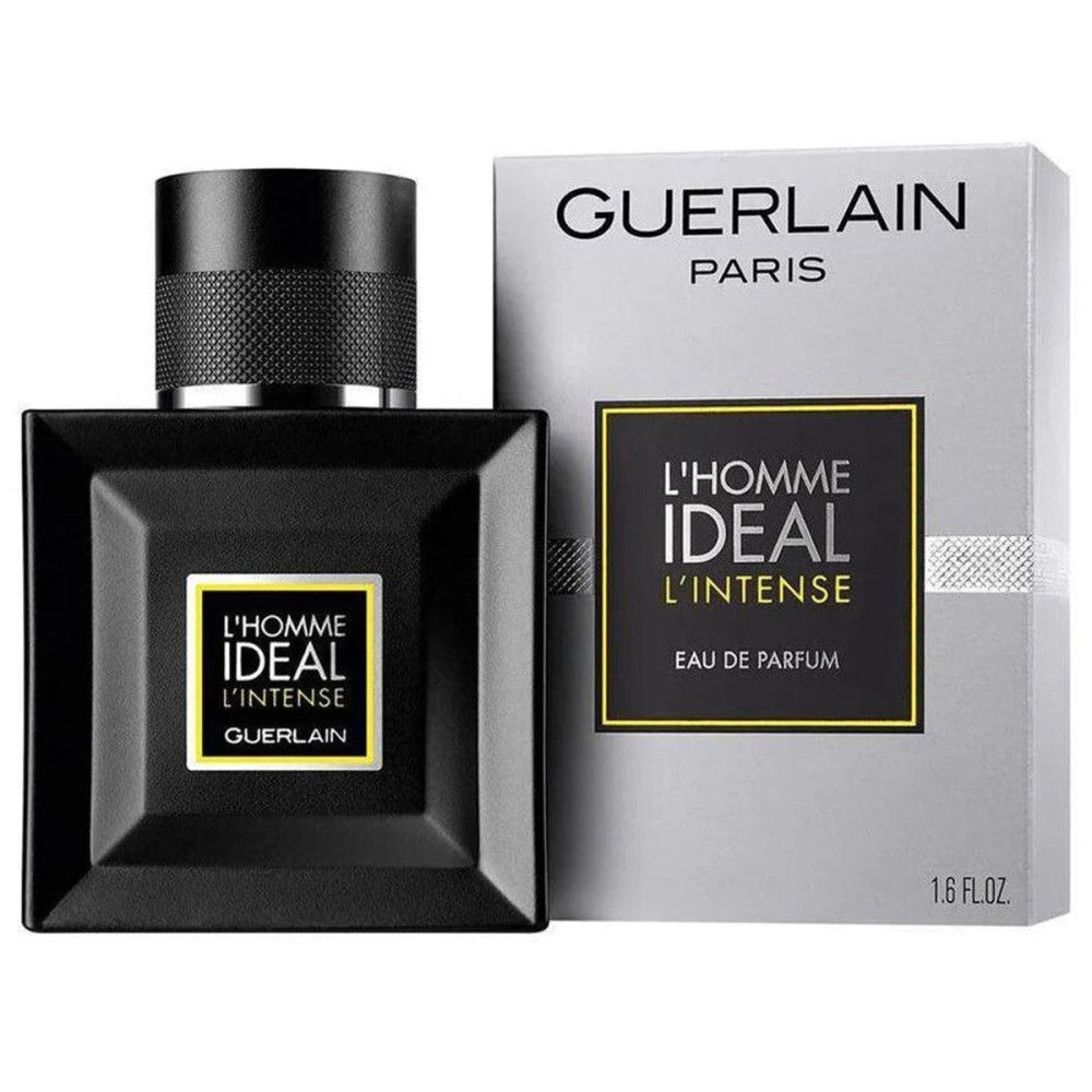 GUERLAIN L HOMME IDEAL INTENSE EDP 50 ML Flakon neben der silbernen Verpackung.