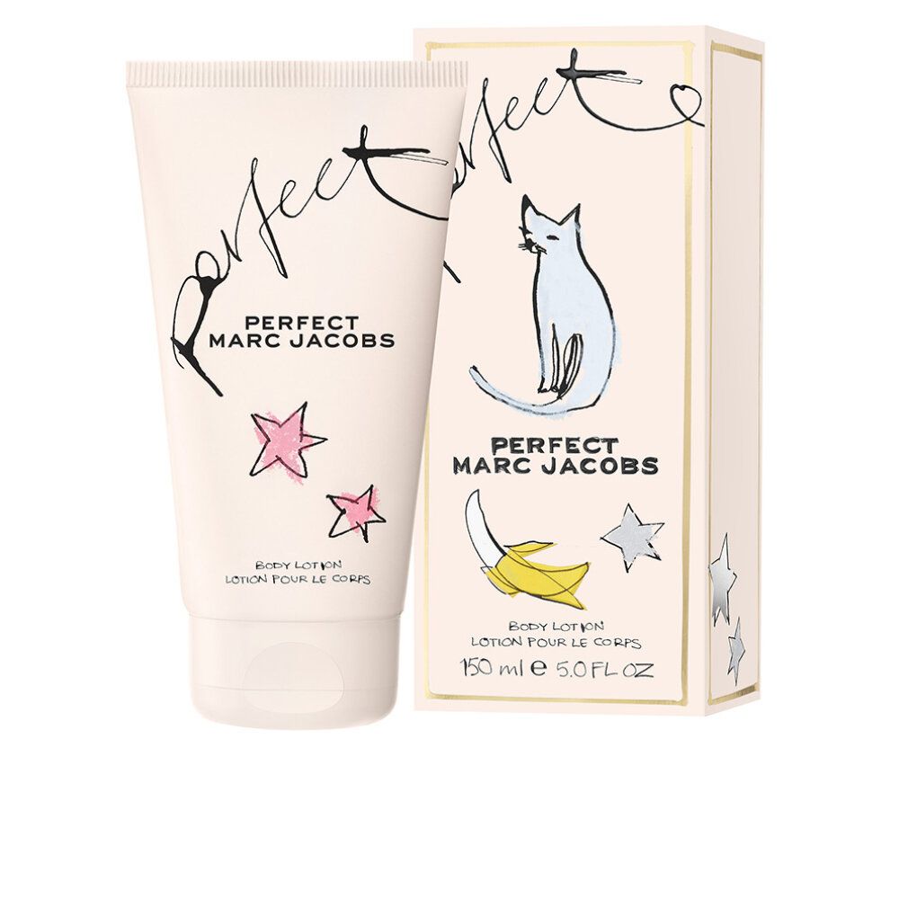 Beige Tube und Schachtel. Aufschrift "Perfect MARC JACOBS". Katze, Banane und Sterne. Text: "Body Lotion".
