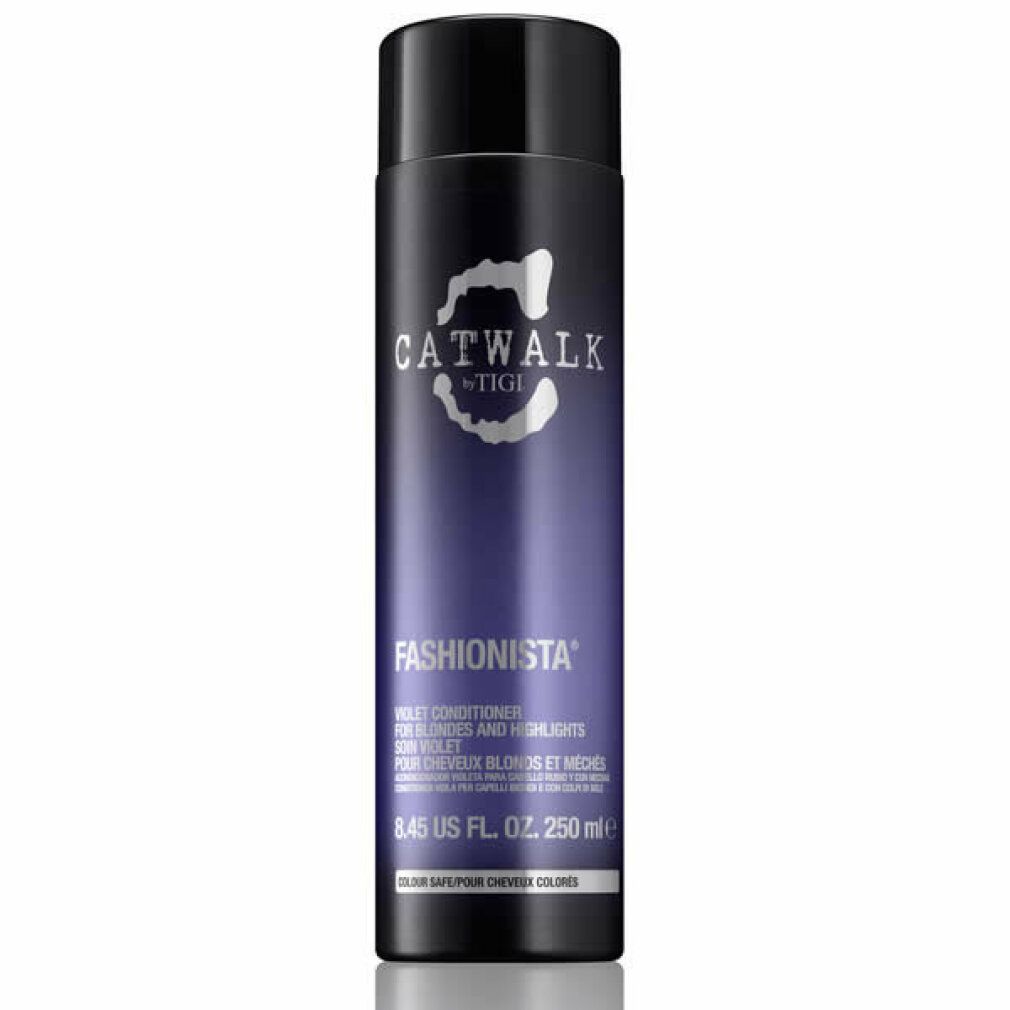 Violett Conditioner. Schwarze Flasche mit lila Farbverlauf. Schriftzug: CATWALK by TIGI, Fashionista. 250ml.