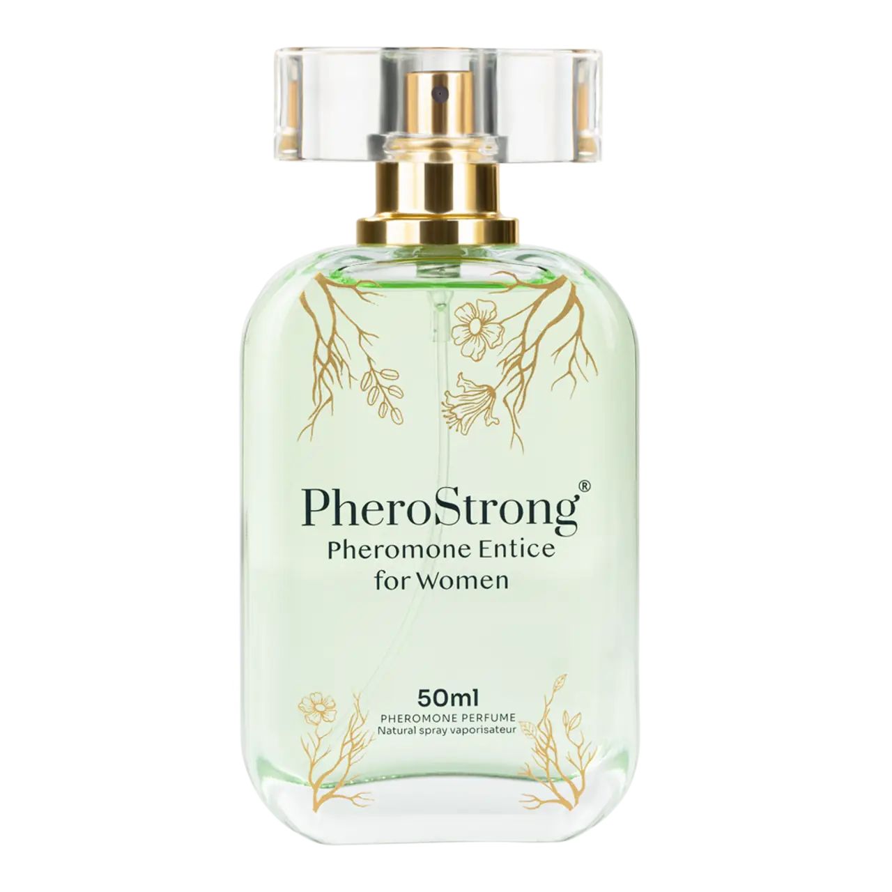 Parfümflakon mit goldfarbenem Zerstäuber und transparentem Deckel. Aufschrift: PheroStrong Pheromone Entice für Frauen, 50ml.
