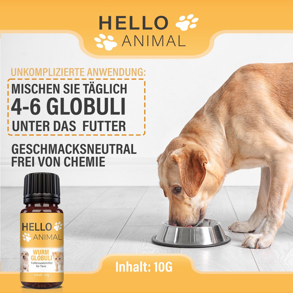 Produktflasche neben einem Hund, der aus einer Schüssel frisst. Text: "HELLO ANIMAL", "WURM GLOBULI".