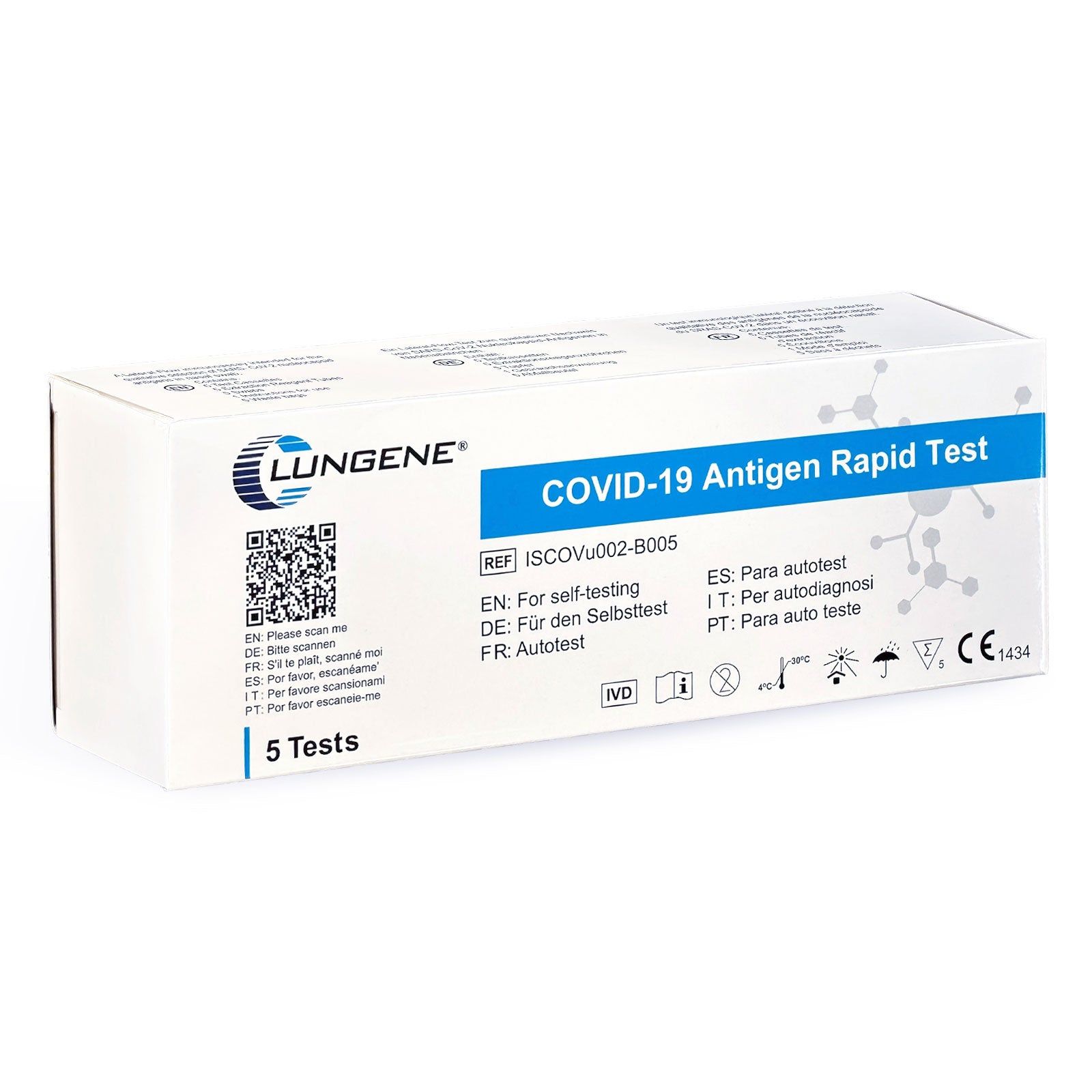 Schachtel mit Aufschrift Clungene® COVID-19 Antigen Schnelltest. Enthält 5 Tests. Mit QR-Code und CE-Kennzeichnung.
