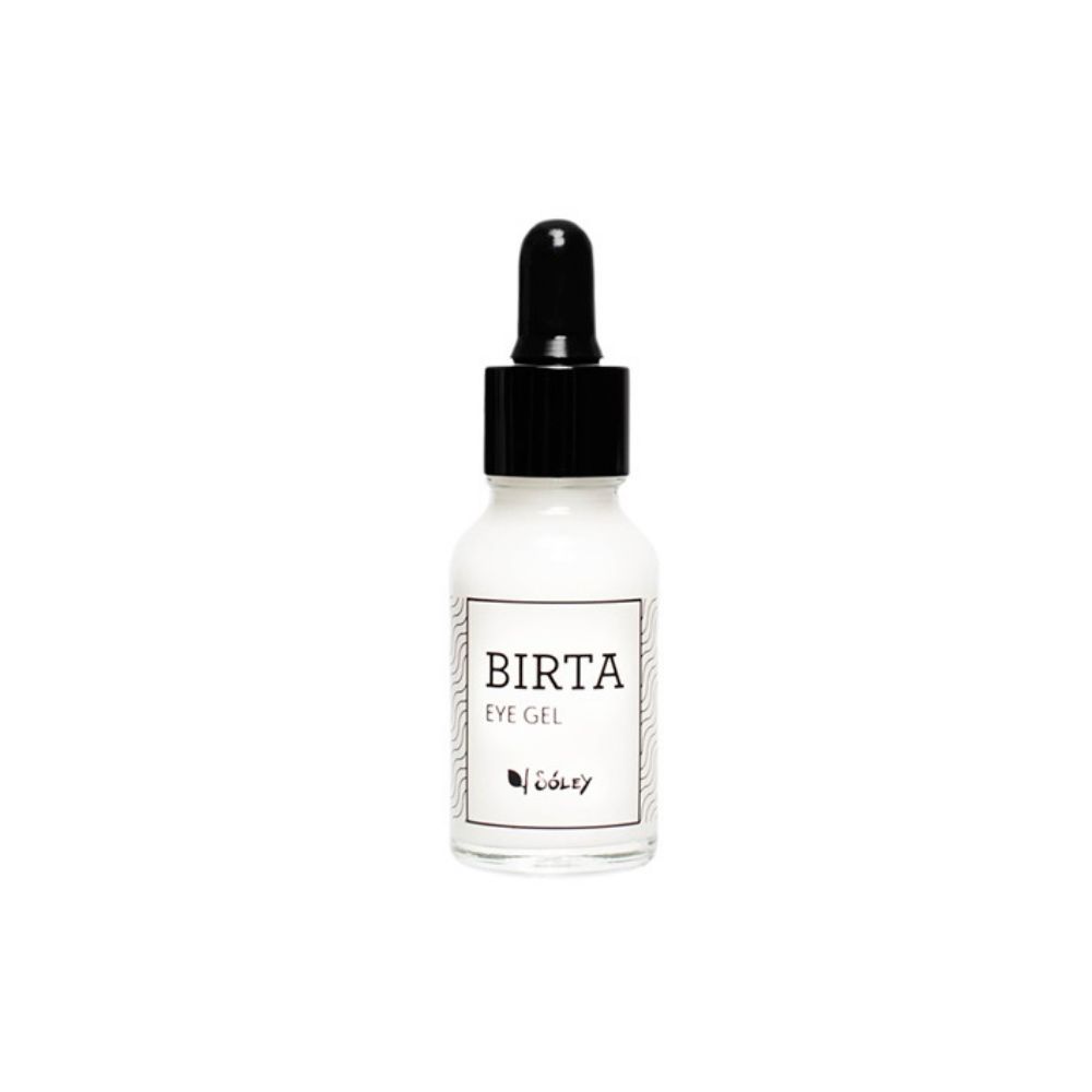 Kleine, weiße Flasche mit schwarzem Tropfer. Aufschrift "BIRTA EYE GEL" und Logo. Klare Glasflasche.