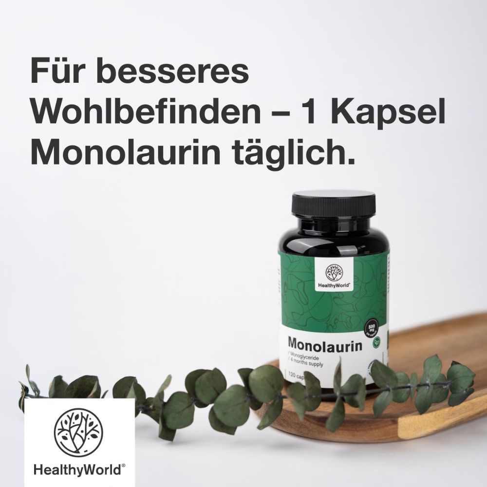 Monolaurin 500 mg Dose auf Holzbrett mit Eukalyptus.