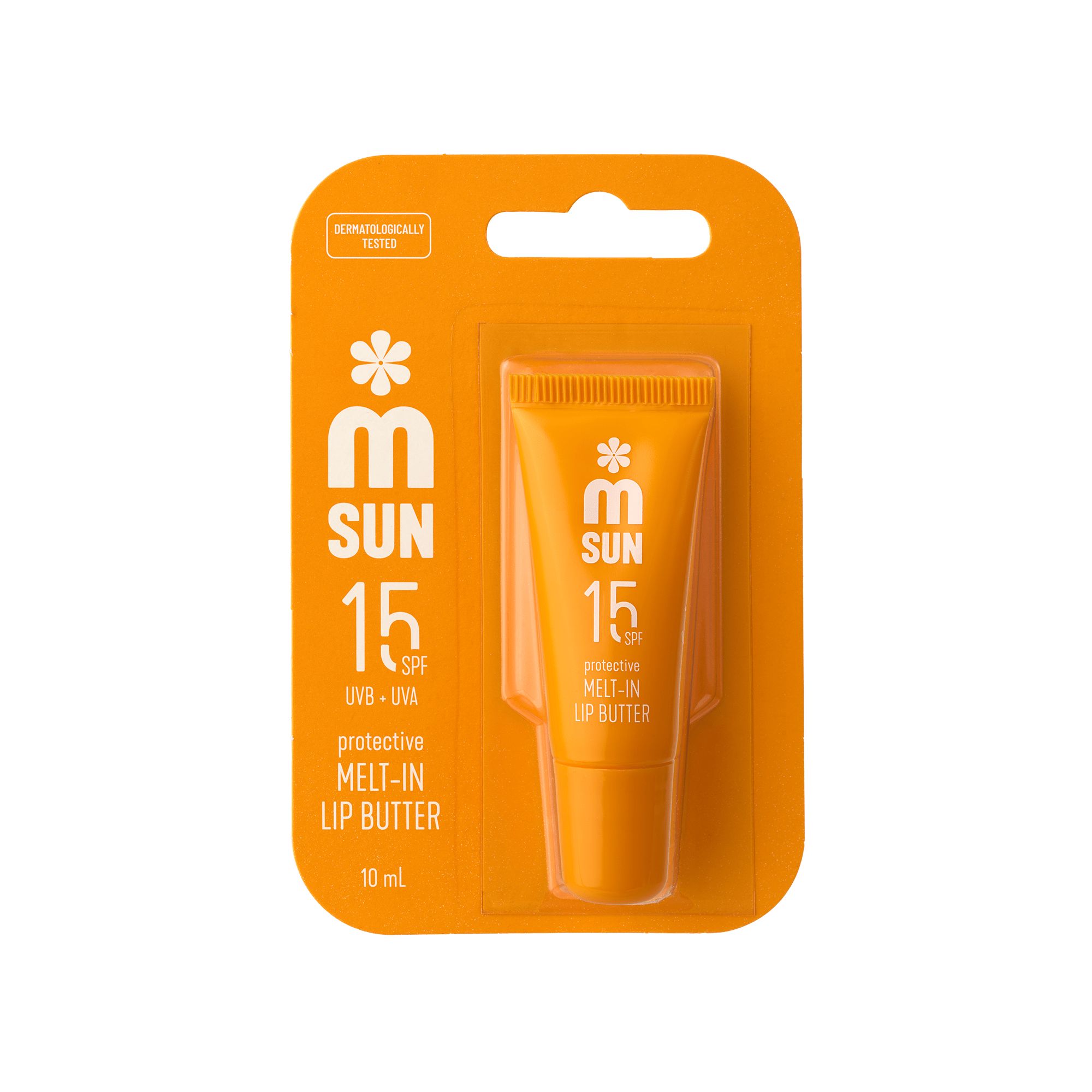 Orange Lippenbutter-Tube in Blisterverpackung. Aufschrift: SUN 15 SPF, protective MELT-IN LIP BUTTER. 10 ml.