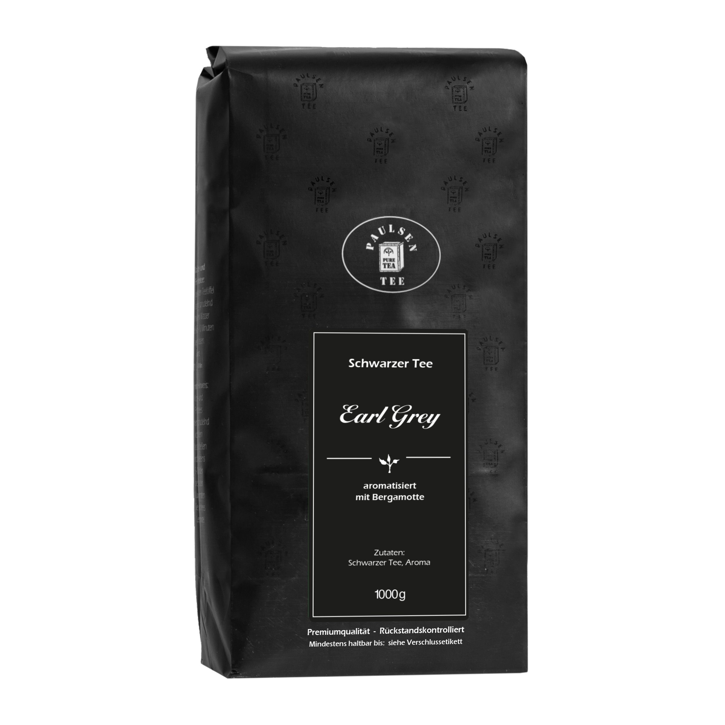 Schwarzer Tee Earl Grey in schwarzer Verpackung. Marke Paulsen Tea. Text: aromatisiert mit Bergamotte.