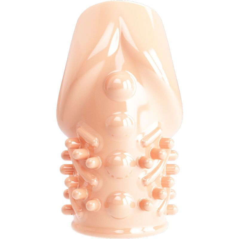 Fleischfarbene, zylindrische Hülle mit texturierter Oberfläche. Oben abgeschrägt, unten mit Noppen und Rippen.