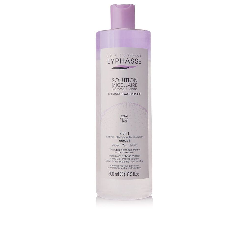 Flasche mit lila Verschluss. Aufschrift: BYPHASSE, SOLUTION MICELLAIRE, DEMAQUILLANTE, BIFASIQUE WATERPROOF. 4 en 1.