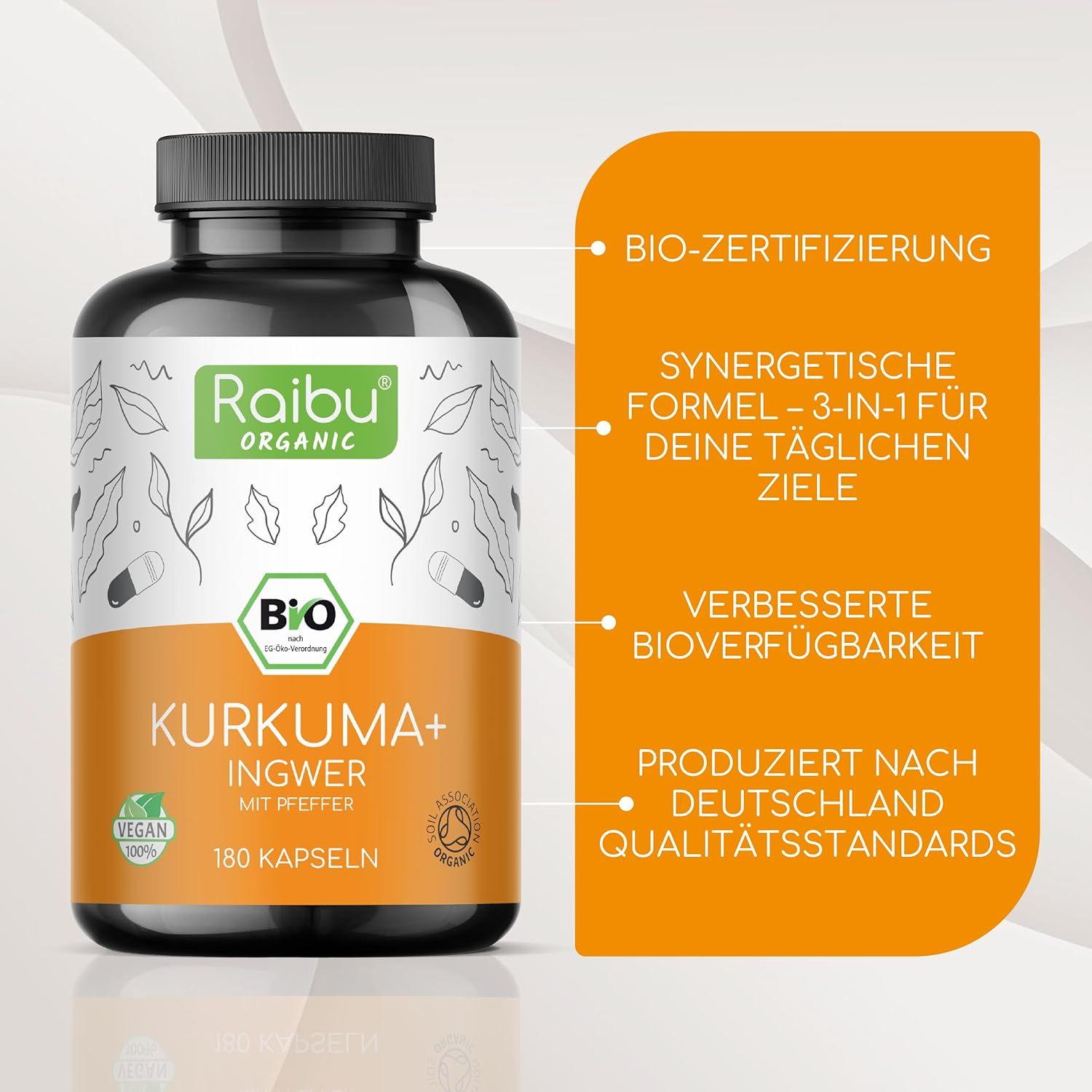 Braune Flasche mit Kapseln. Aufschrift: Raibu Organic, Kurkuma+ Ingwer, 180 Kapseln, Bio-Siegel, vegan. Text.