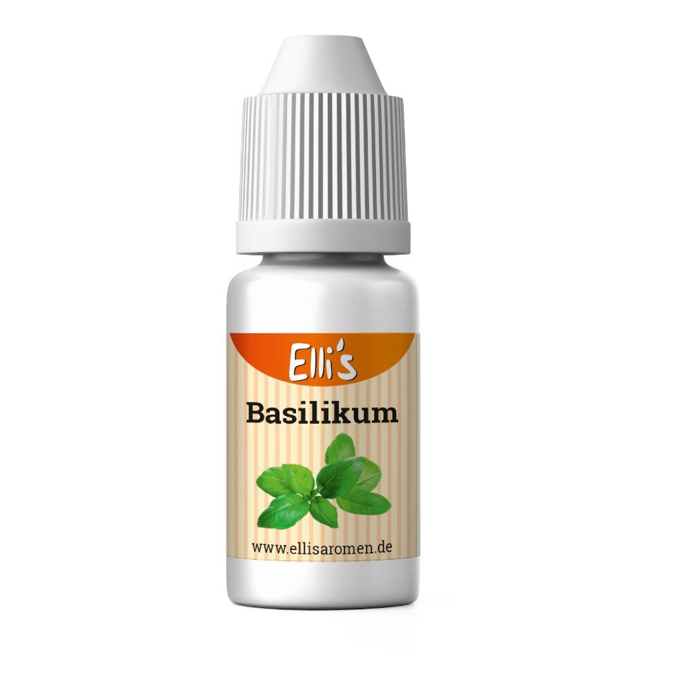 Fläschchen mit weißem Deckel und Etikett. Aufschrift: Elli's Basilikum. Abbildung von Basilikumblättern.