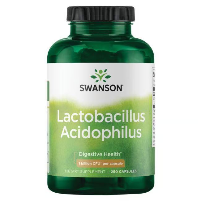 Grüne Flasche mit weißem Etikett. Aufschrift: SWANSON Lactobacillus Acidophilus. 250 Kapseln. 1 Milliarde KBE pro Kapsel.