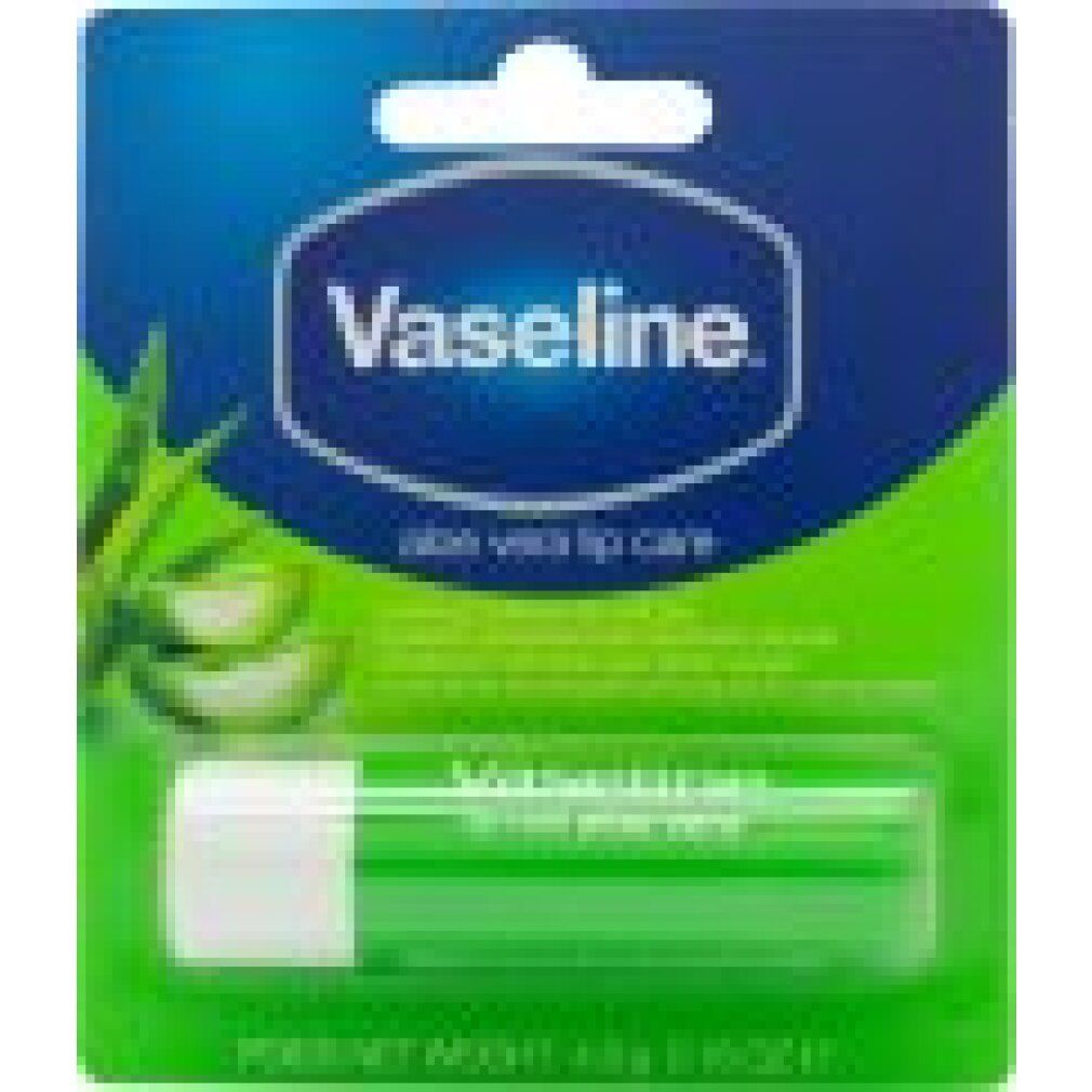 Vaseline Lippenpflegestift Aloe Vera in grüner Verpackung. Produkt in Blisterverpackung mit Aloe-Vera-Motiv.