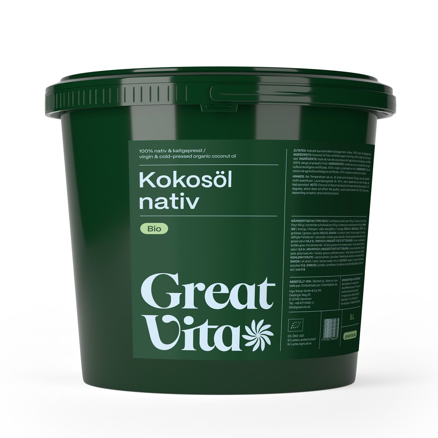 Dunkelgrüner Eimer. Aufschrift: Kokosöl nativ, GreatVita. Bio-Zertifizierung. 1L-Angabe.