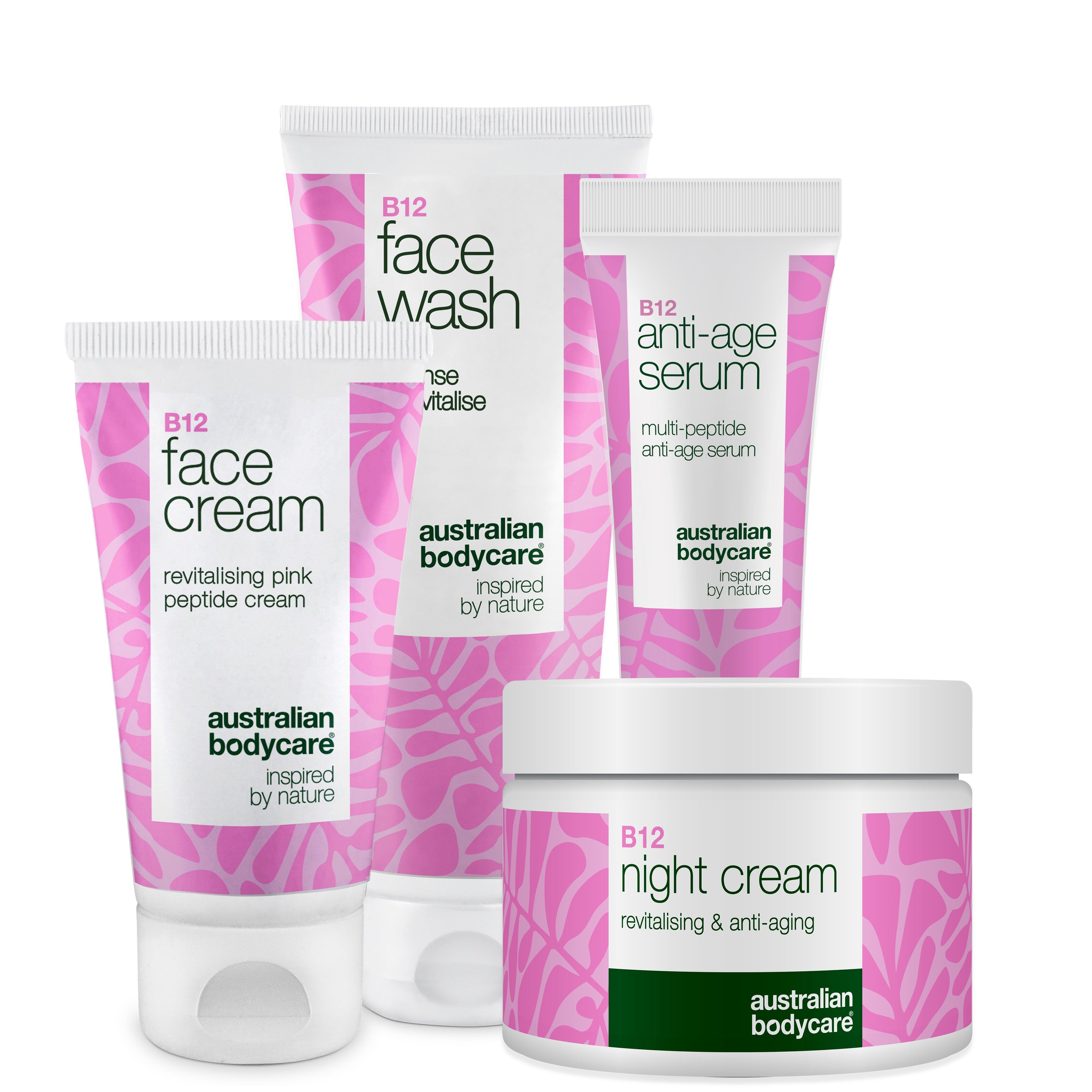 Set mit vier Produkten. Face Wash, Face Cream, Anti-Age Serum und Night Cream. Rosa und weiße Verpackung.