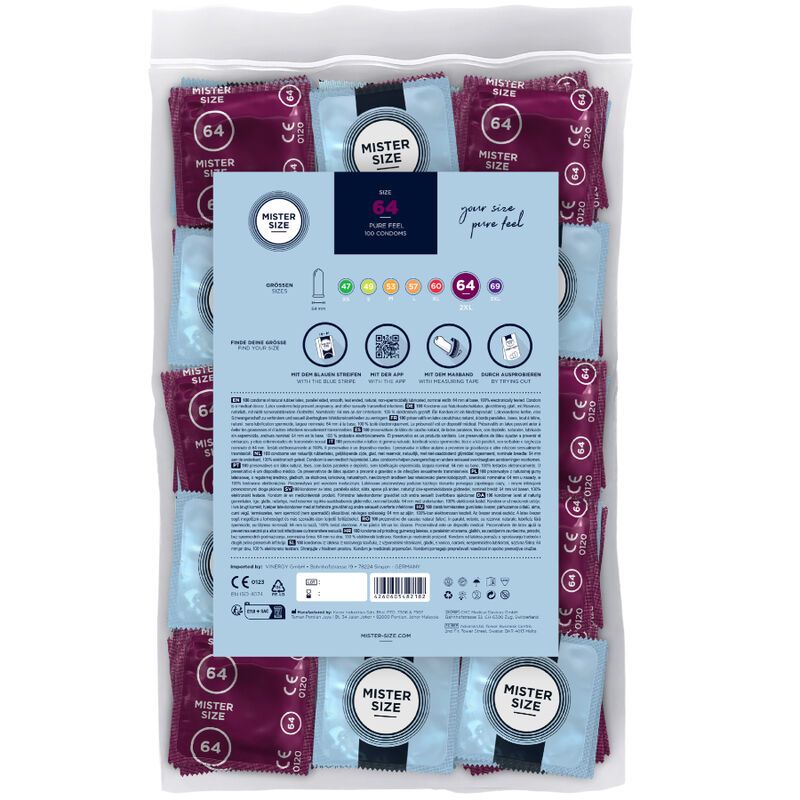 Verpackung mit Kondomen. Rückseite mit Informationen. Aufdruck: Mister Size, 64. Einzelne Kondome in Blau und Lila.
