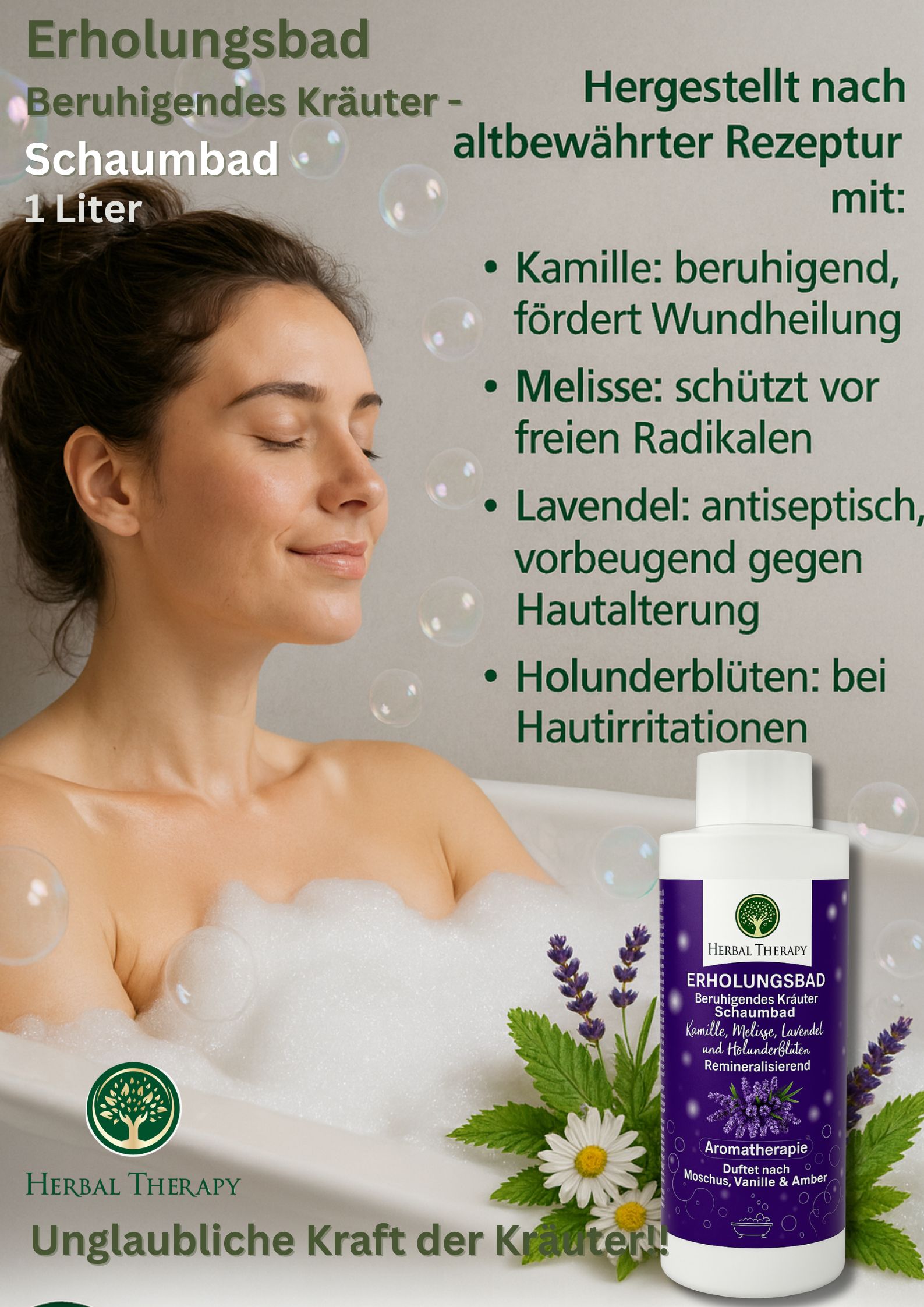 Frau in Badewanne mit Schaum. Flakon mit lila Etikett: Erholungsbad, Kräuter-Schaumbad. Kräuterextrakte: Kamille, Melisse, Lavendel, Holunderblüten. Herbal Therapy Logo.